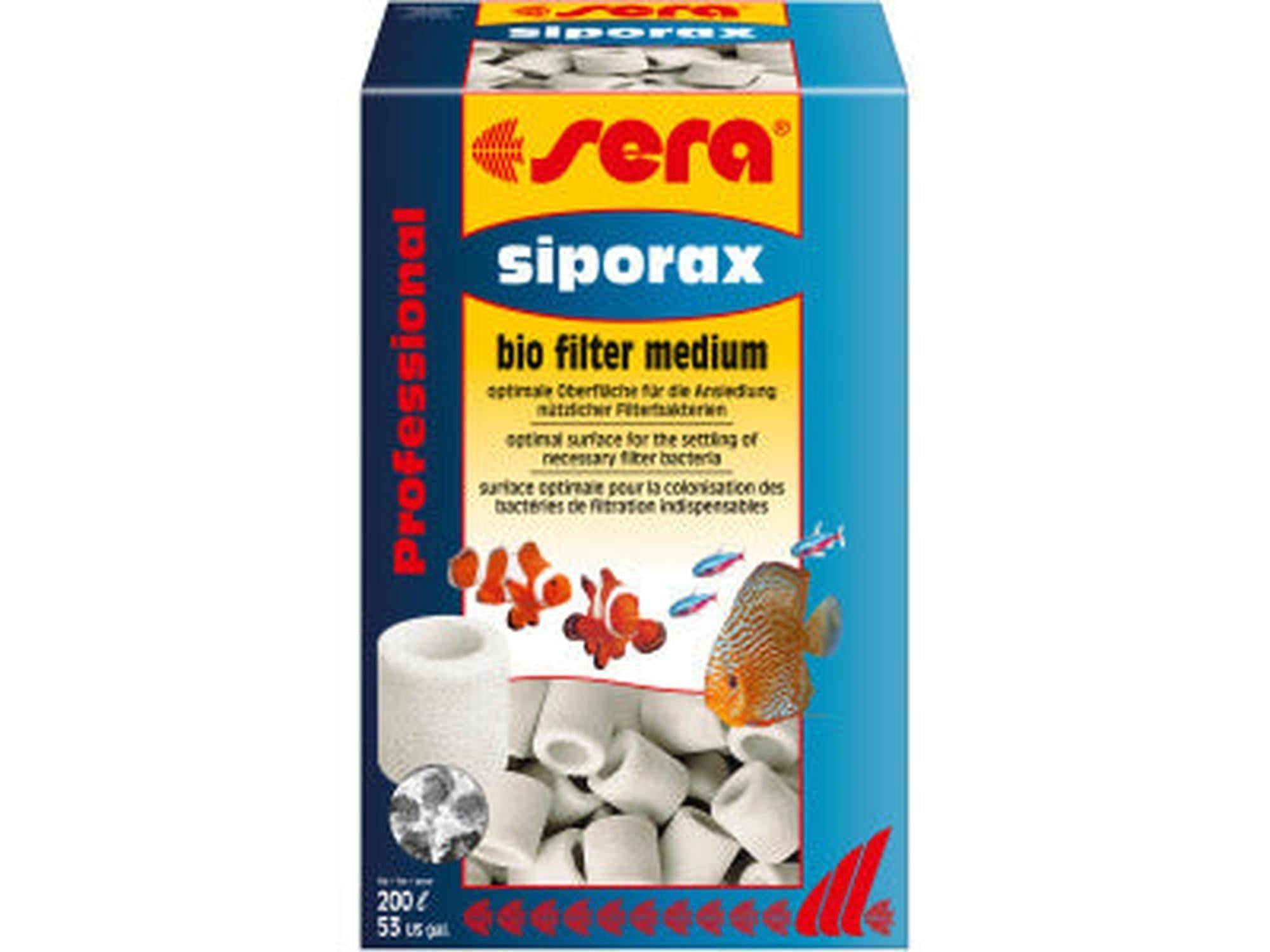 Sera Siporax Professional 1000ml bio filtermedium i blå og rød eske med akvariefisk og filterringer.