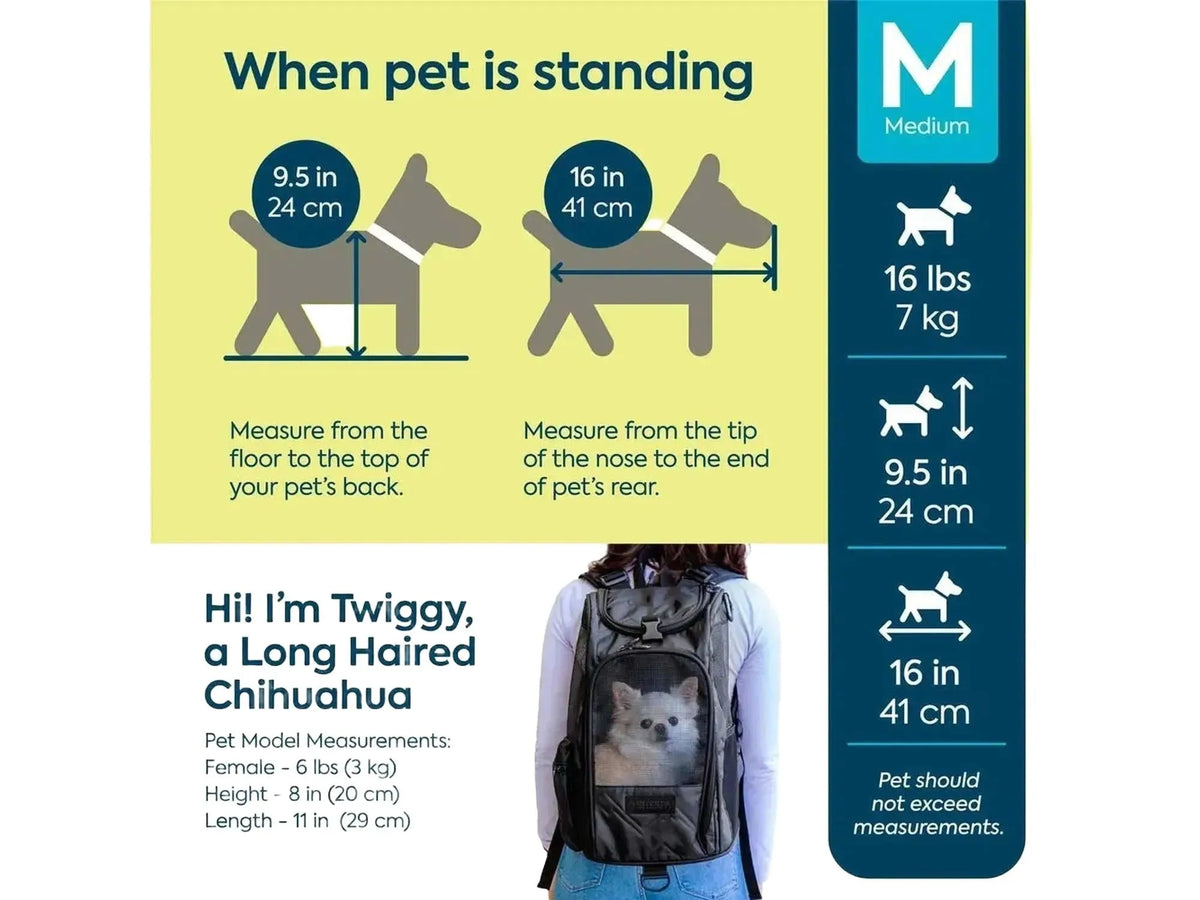 Diagram som viser hvordan man måler kjæledyr for en svart Sherpa Deluxe ryggsekk/bæreveske, med en chihuahua i.