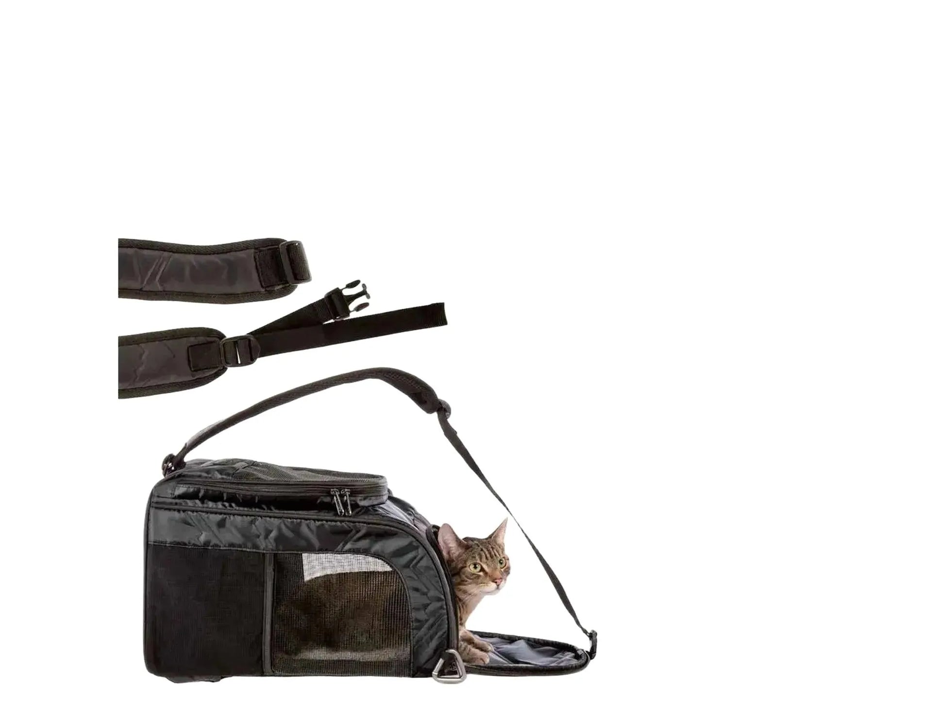 Svart Sherpa Deluxe kjæledyrbærer med nettingvinduer og justerbare stropper, en katt titter ut.