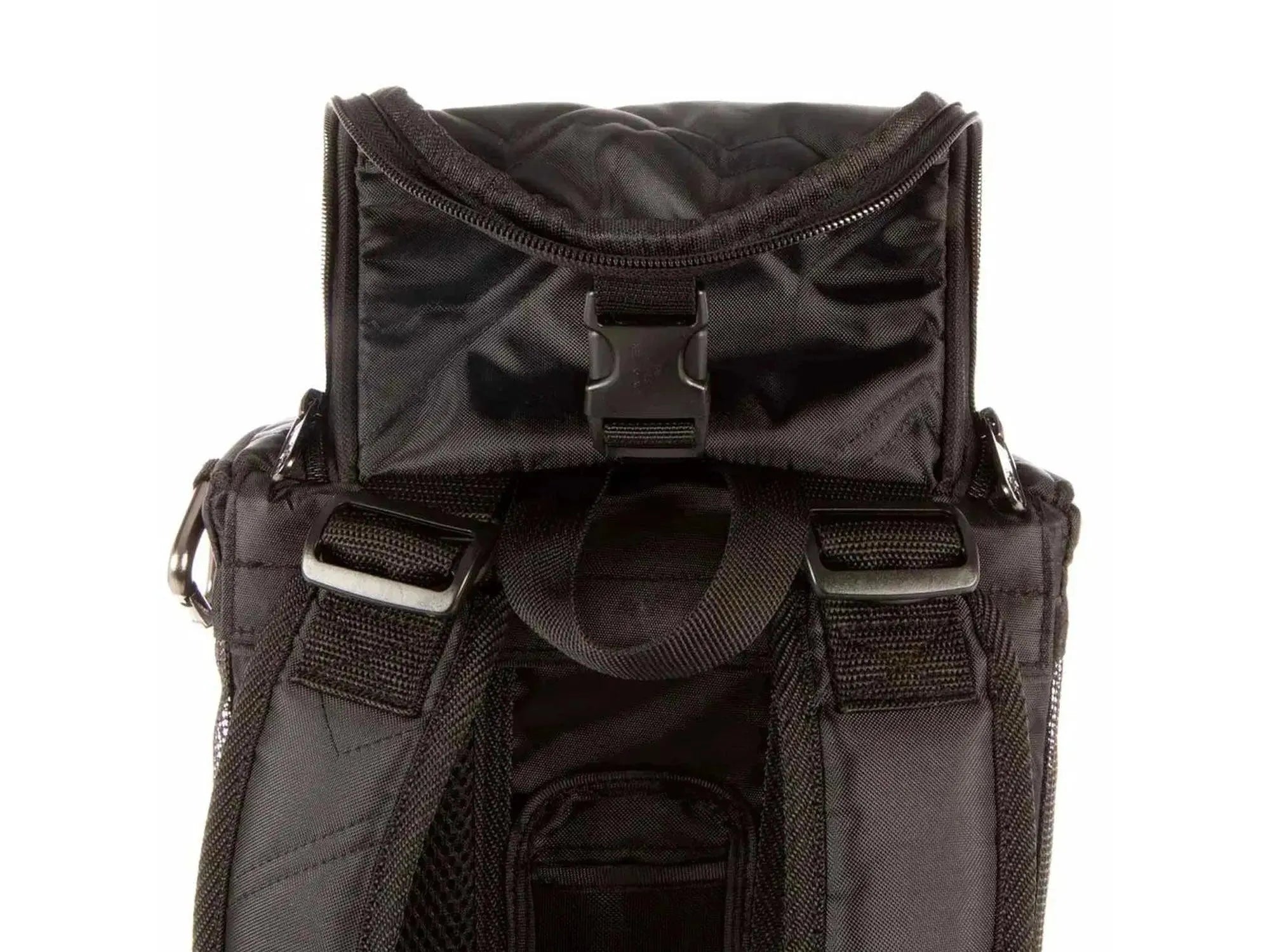Svart Sherpa Deluxe kjæledyrbærer/ryggsekk med polstrede stropper og spenne.