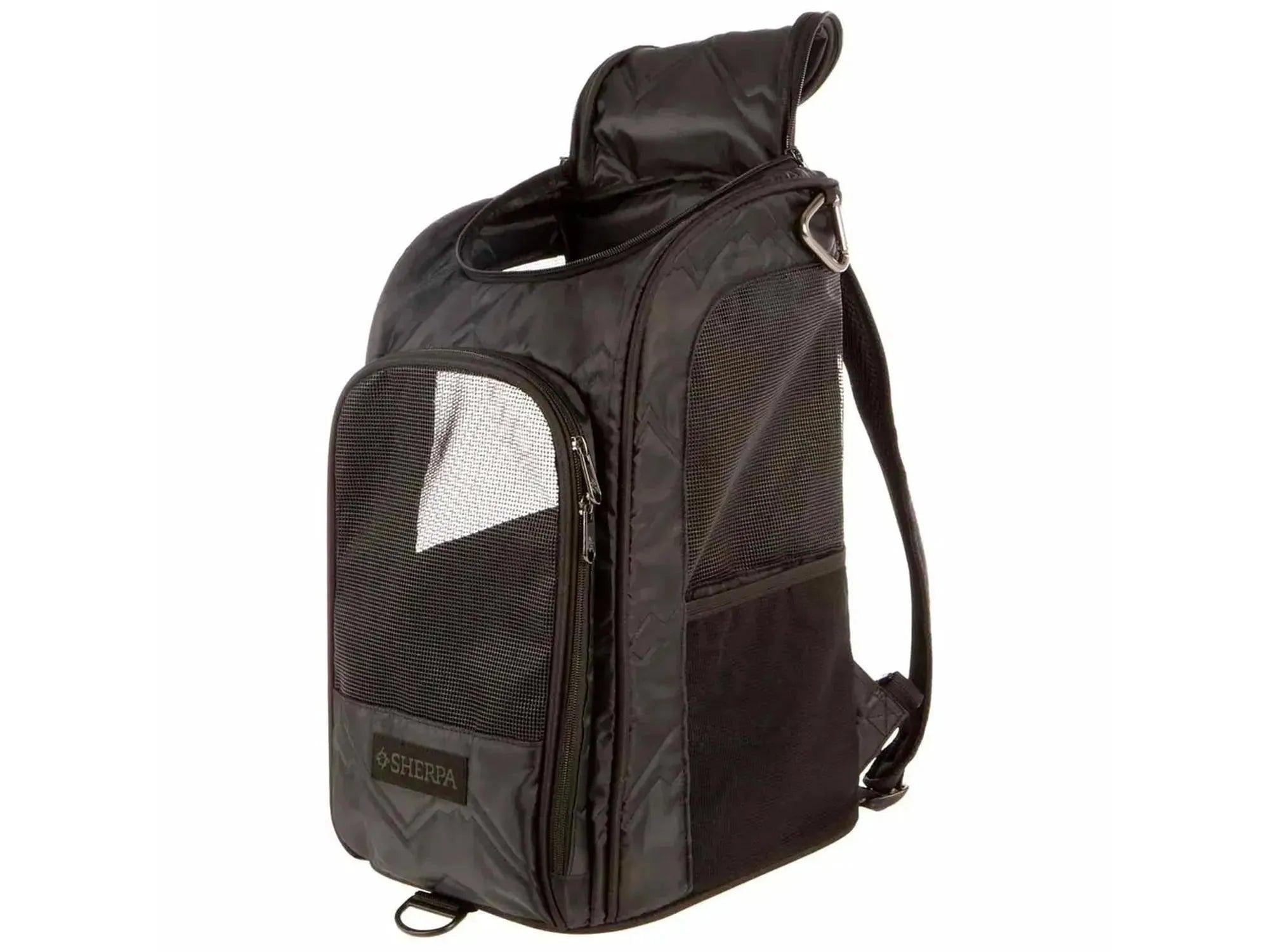 Svart Sherpa Deluxe kjæledyrbærer/ryggsekk med nettingvinduer og polstrede stropper.