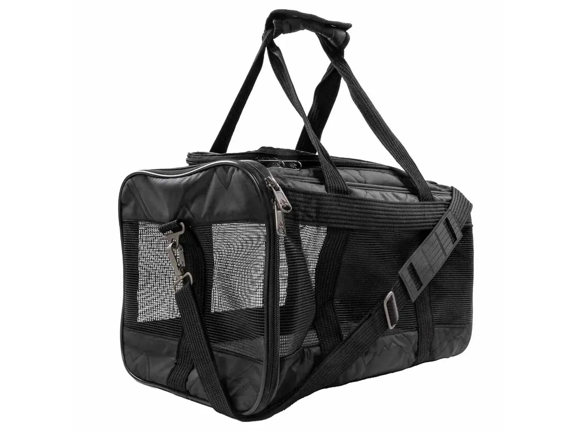 Sherpa Deluxe Pet Carrier Black Large, polyester transportveske med nettingpaneler og skulderrem.