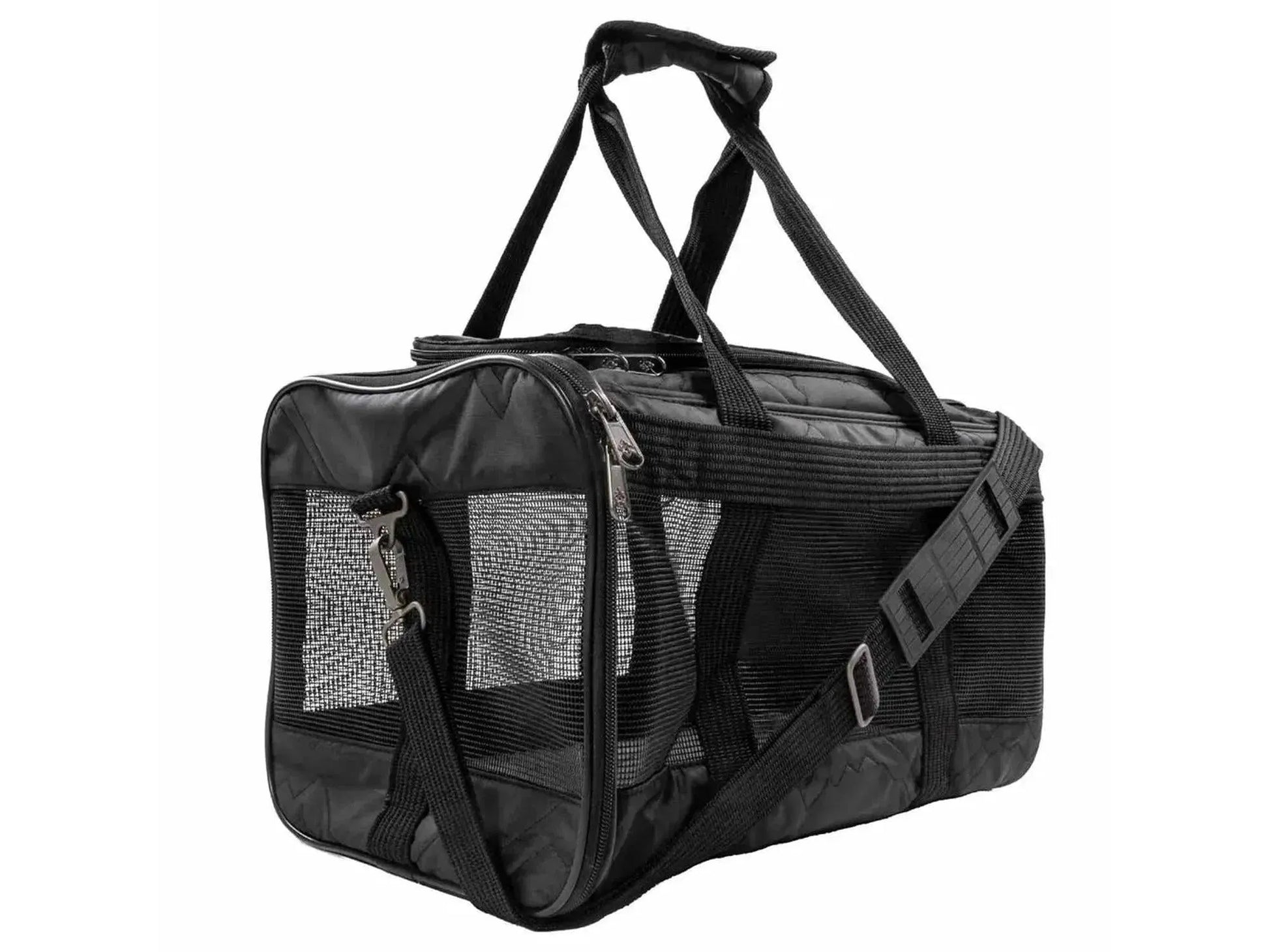 Sherpa Deluxe Pet Carrier Black Large, polyester transportveske med nettingpaneler og skulderrem.