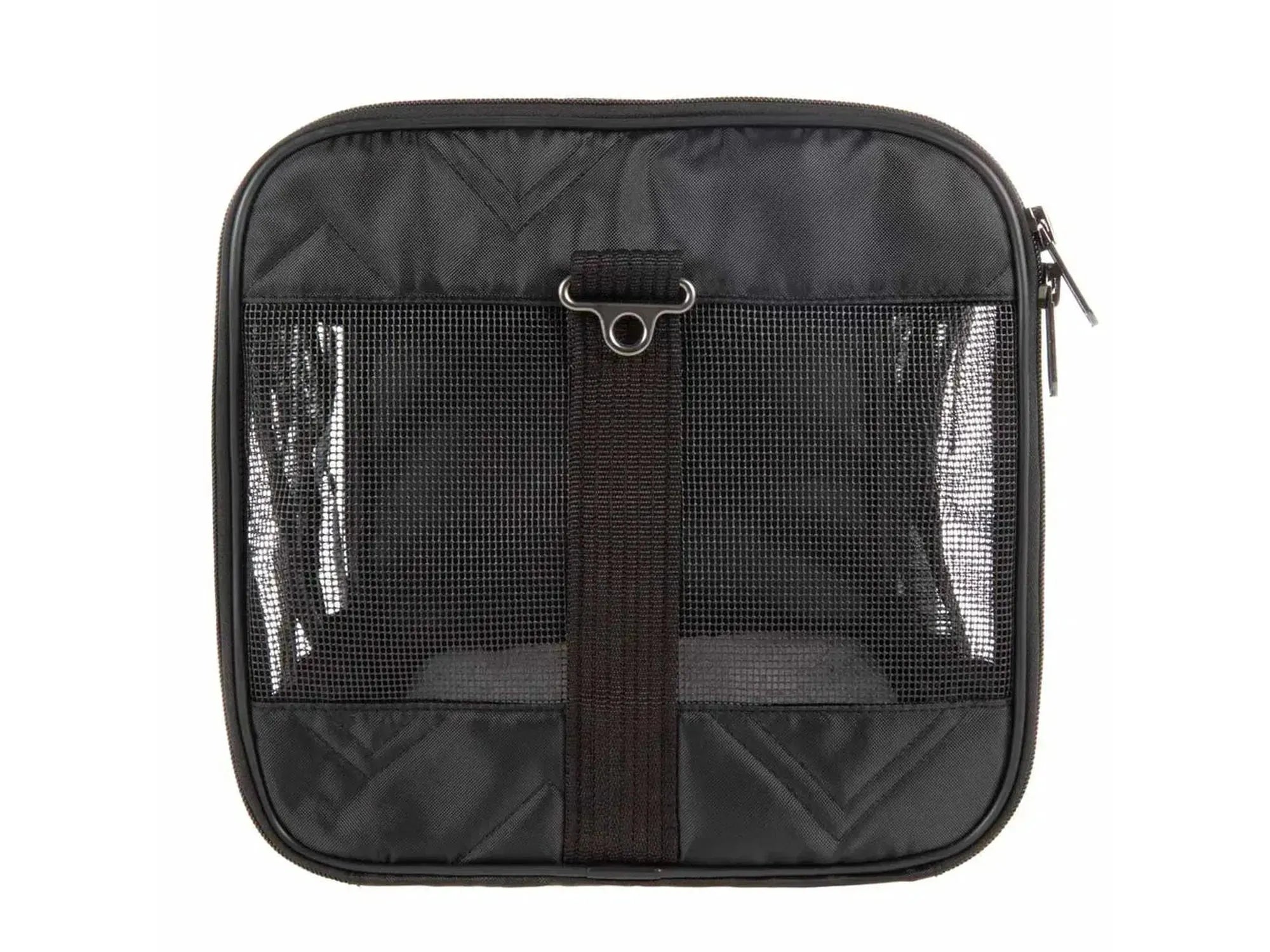 Svart Sherpa Deluxe Pet Carrier med nettingvindu, glidelås og metallring, for katt eller liten hund.