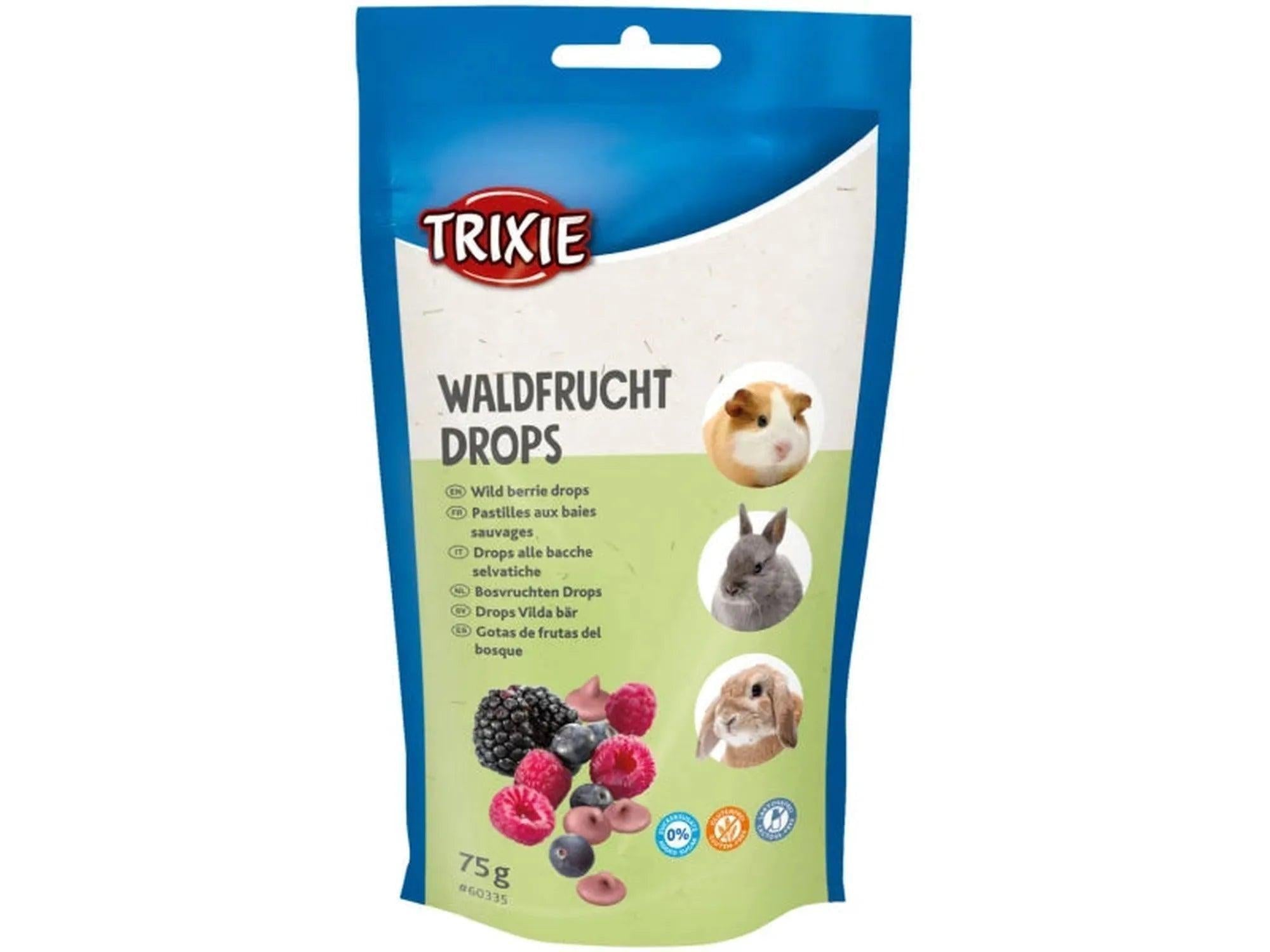 Blå Trixie WaldFrucht Drops 75g pakke for gnagere med bilder av bær og smådyr.