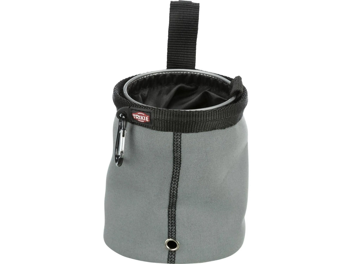 Grå Trixie Snacksbag Baggy Twist Treat med vrilukking, karabinkrok og belteklips.
