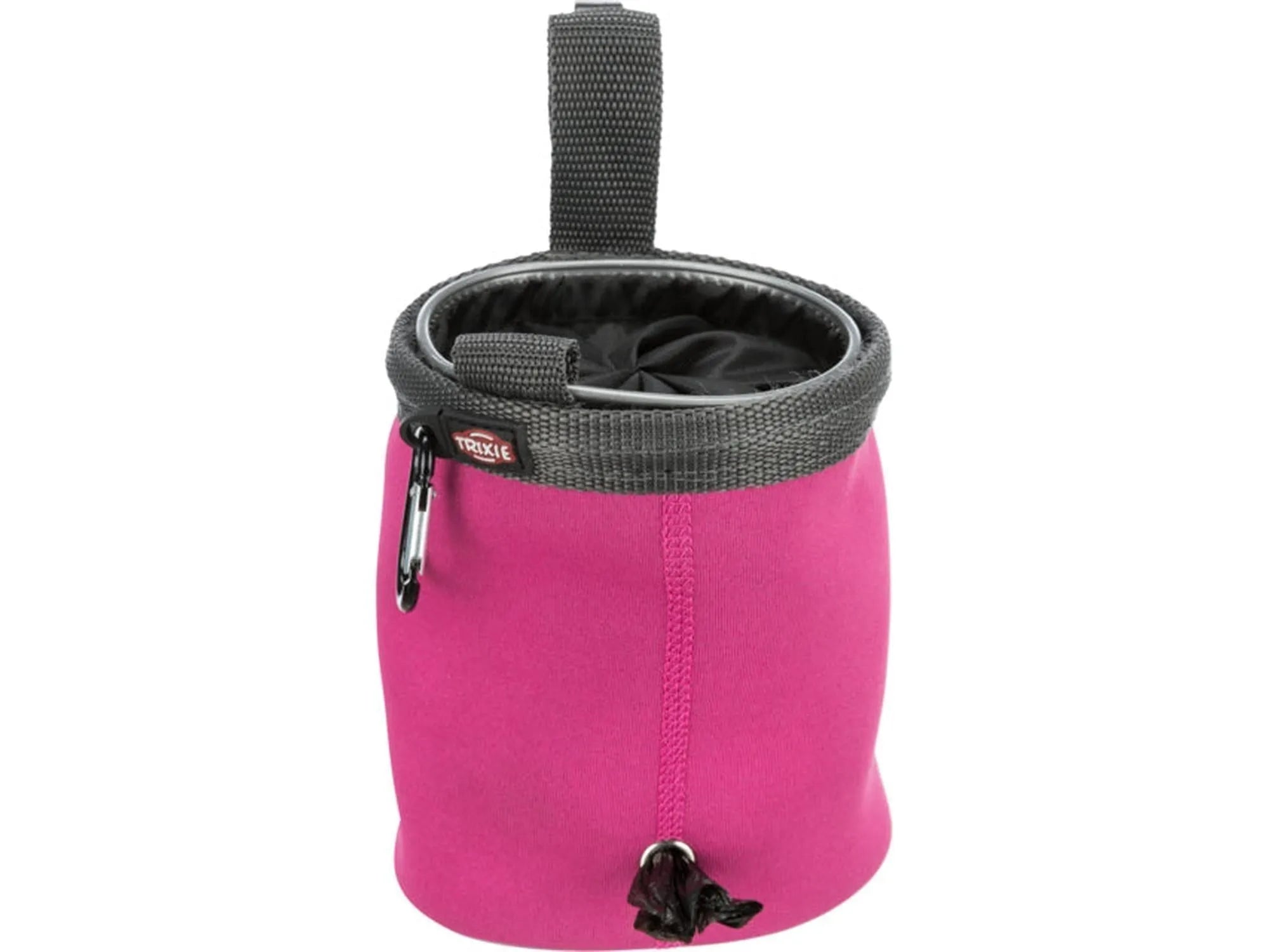 Rosa Trixie Snacksbag Baggy Twist Treat med vrilukking, belteklips og snor for hundeposer.