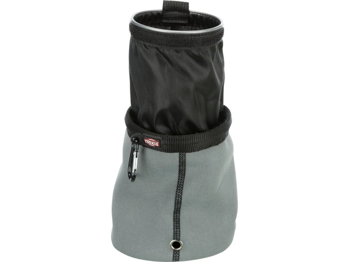 Grå og svart Snacksbag Baggy Twist Treat med vrilukking og karabinkrok for hundetrening.