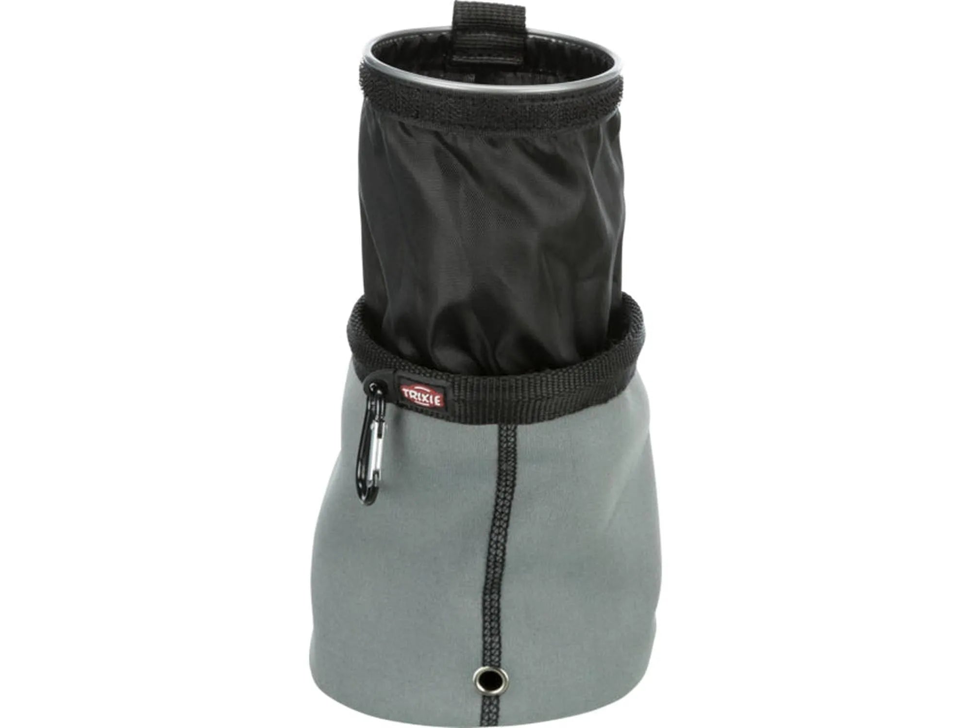 Grå og svart Snacksbag Baggy Twist Treat med vrilukking og karabinkrok for hundetrening.