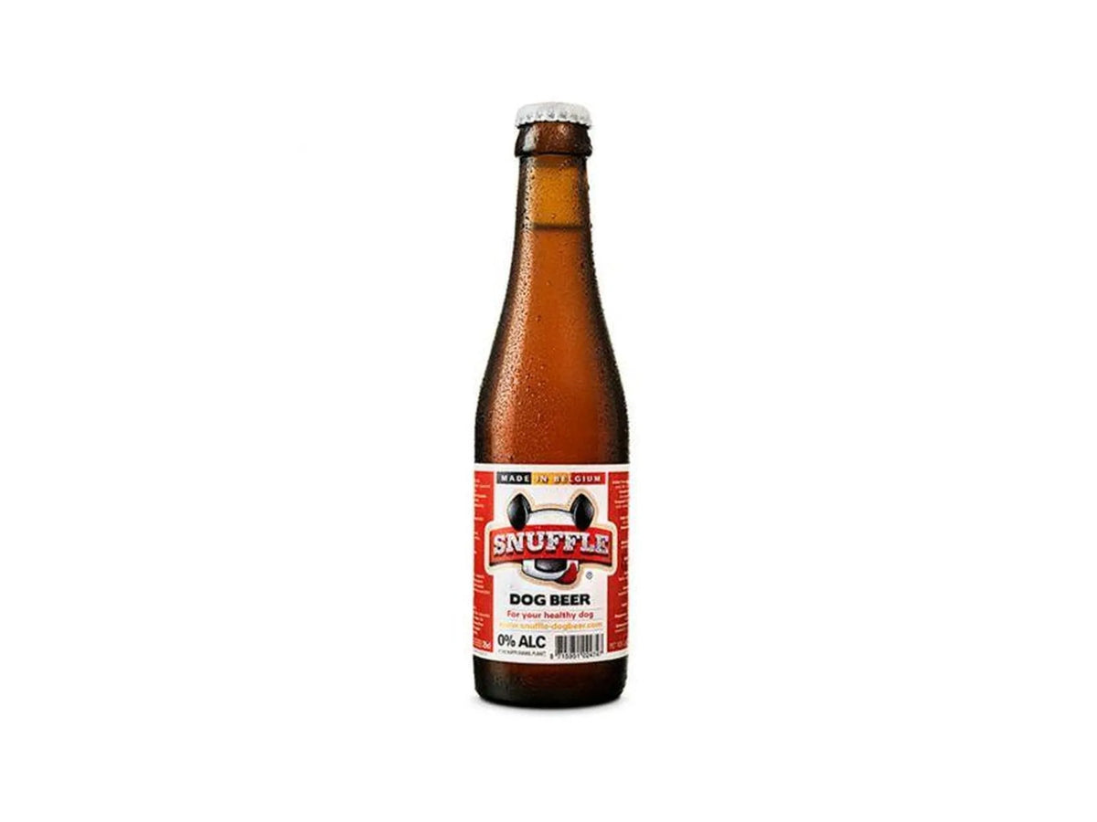 Snuffle Hundeøl 25cl glassflaske med biffsmak, rød og hvit etikett, 0% alkohol.