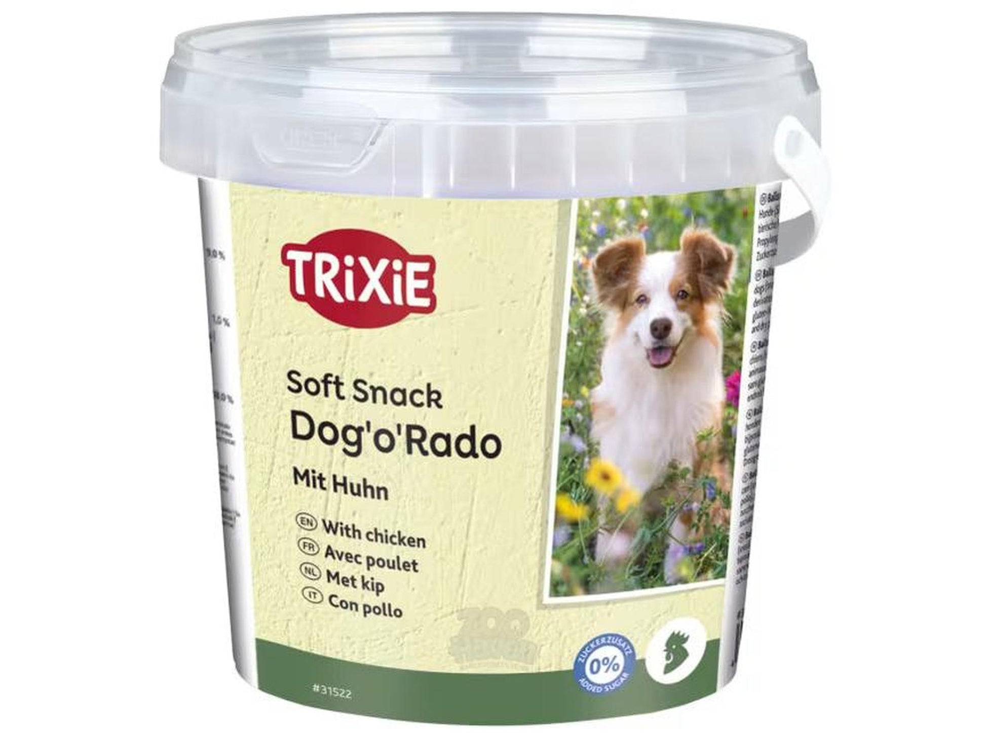 TRIXIE Soft Snack Dog'o Rado med kylling, 500g, i en hvit plastbøtte med bilde av en hund.