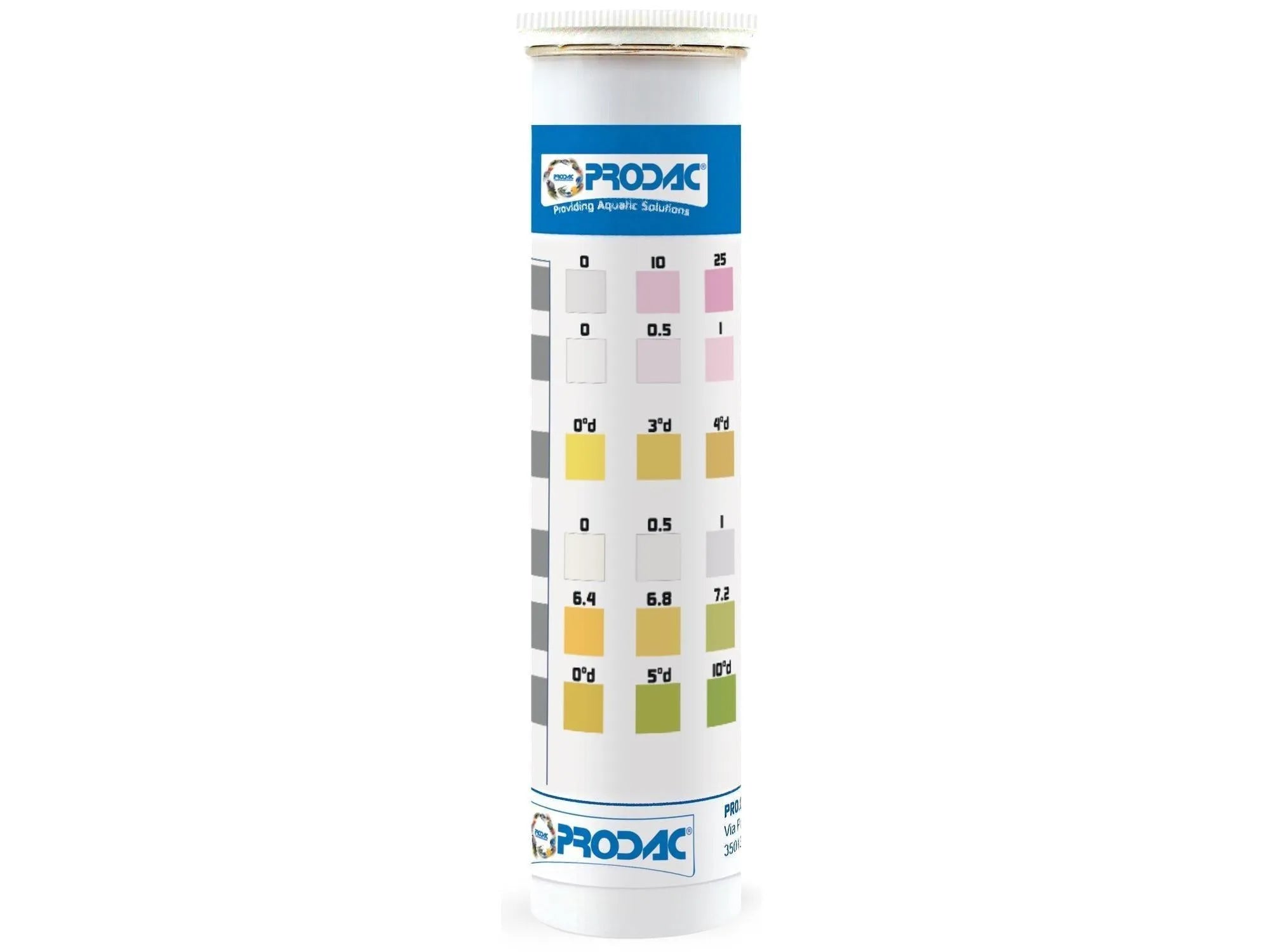 Prodac Speedy Test 7 in 1 vannkvalitetsteststrips i hvit beholder med fargekart.