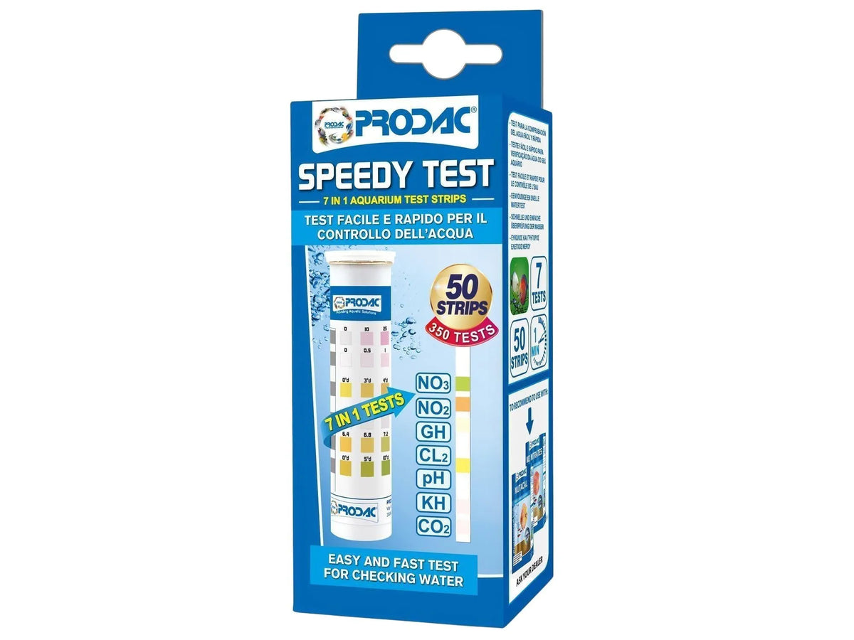 Blå og hvit Prodac Speedy Test 7 i 1 akvarium teststrips-pakke med 50 strips for vannkvalitet.