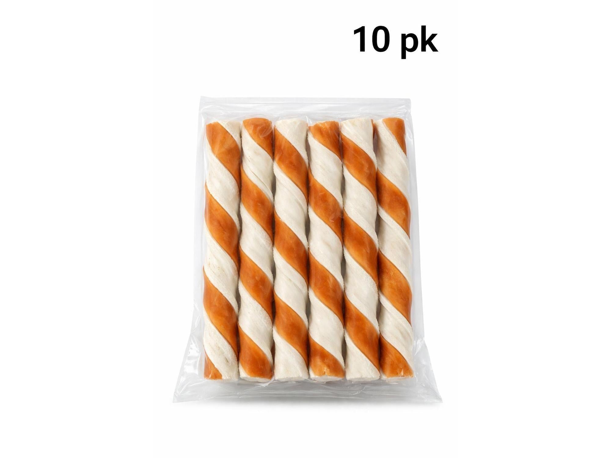 10-pakning spiral råhud tyggegodbiter med kylling, 12 cm, i gjennomsiktig emballasje.