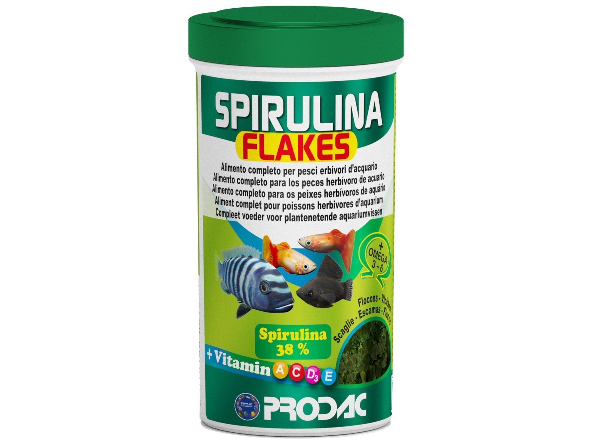 Grønn og hvit beholder med Prodac Spirulina Flakes fiskefôr, 250ml/50gr, for planteetende tropiske fisker.