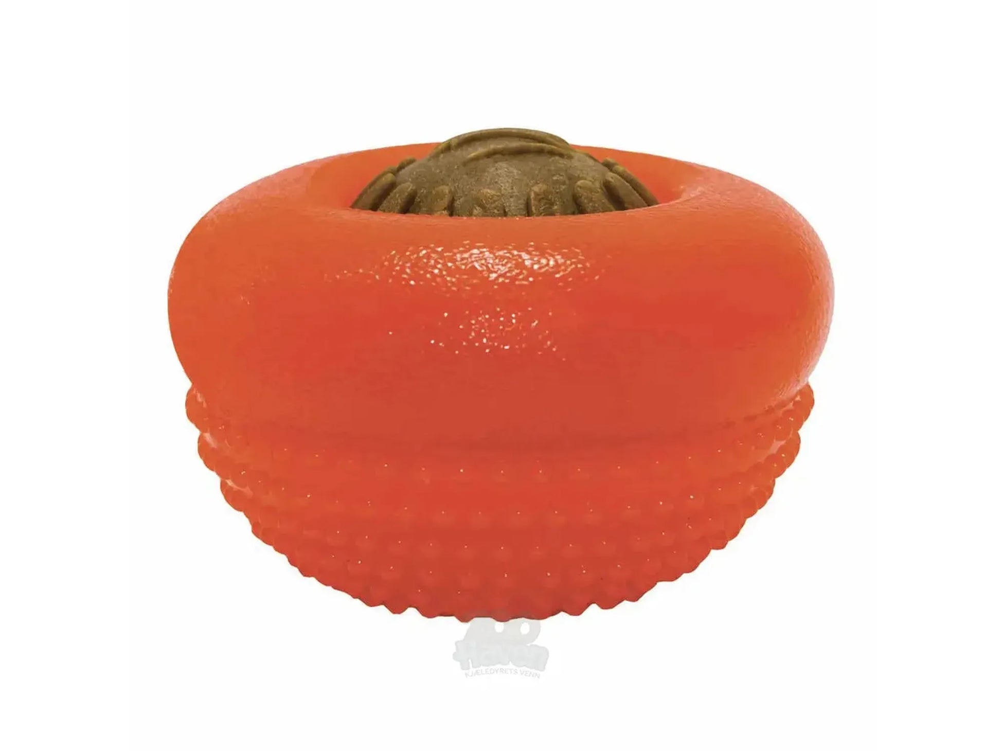 Oransje Starmark Everlasting Bento Ball hundeleke med brun godbit i midten.