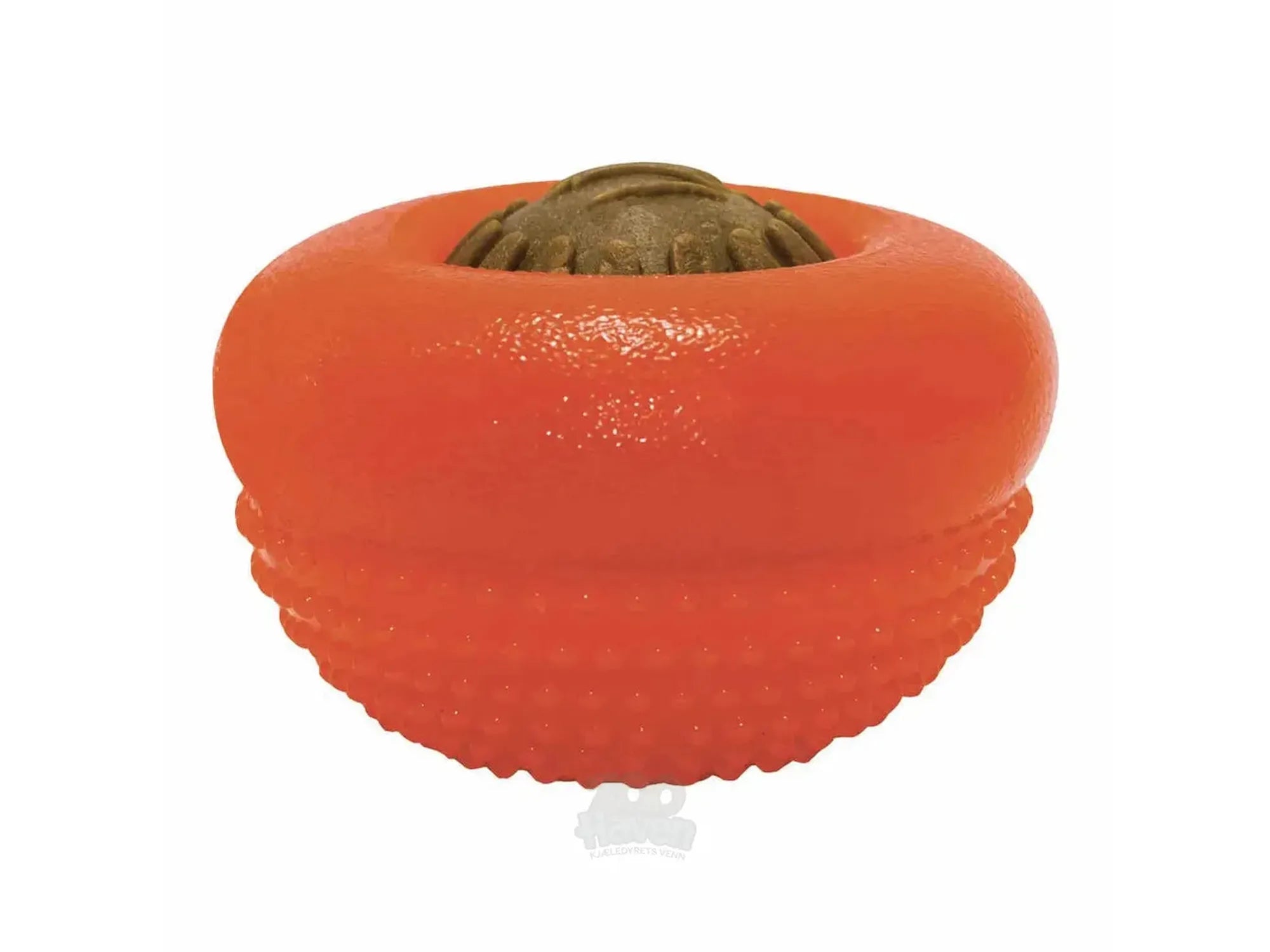 Oransje Starmark Everlasting Bento Ball hundeleke med brun godbit i midten.