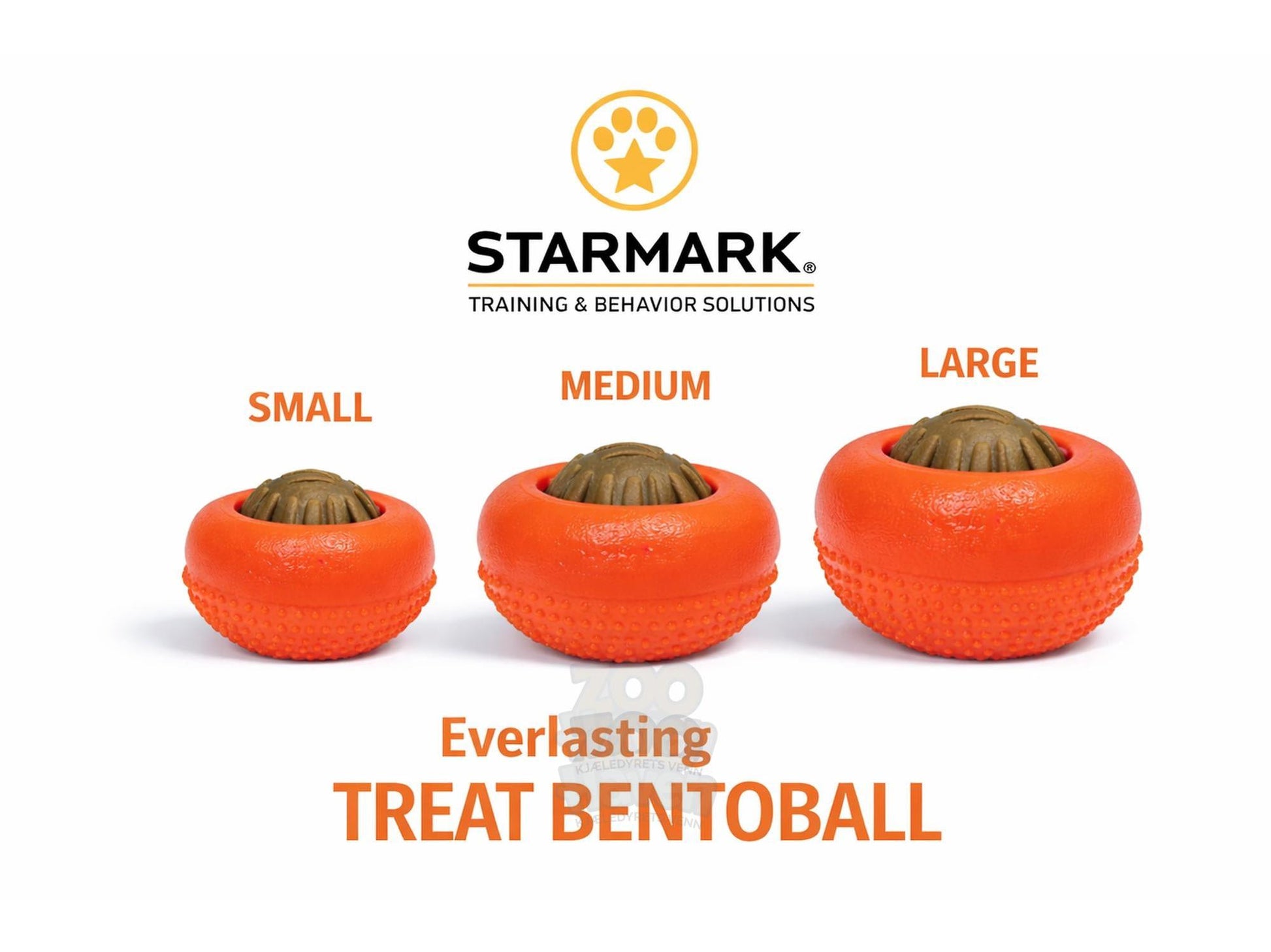 Tre oransje Starmark Everlasting Bento Ball hundeleker i størrelsene small, medium og large.