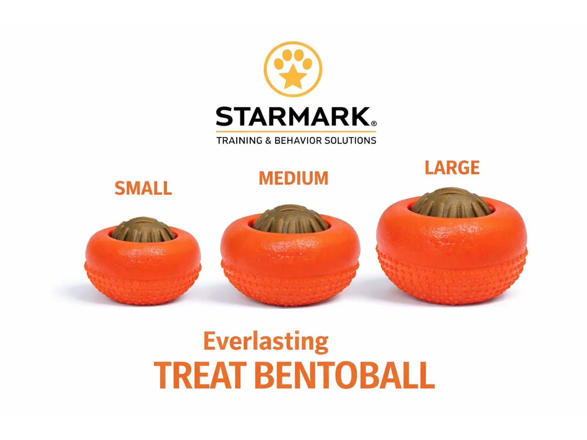 Tre oransje Starmark Everlasting Bento Ball hundeleker i størrelsene small, medium og large.
