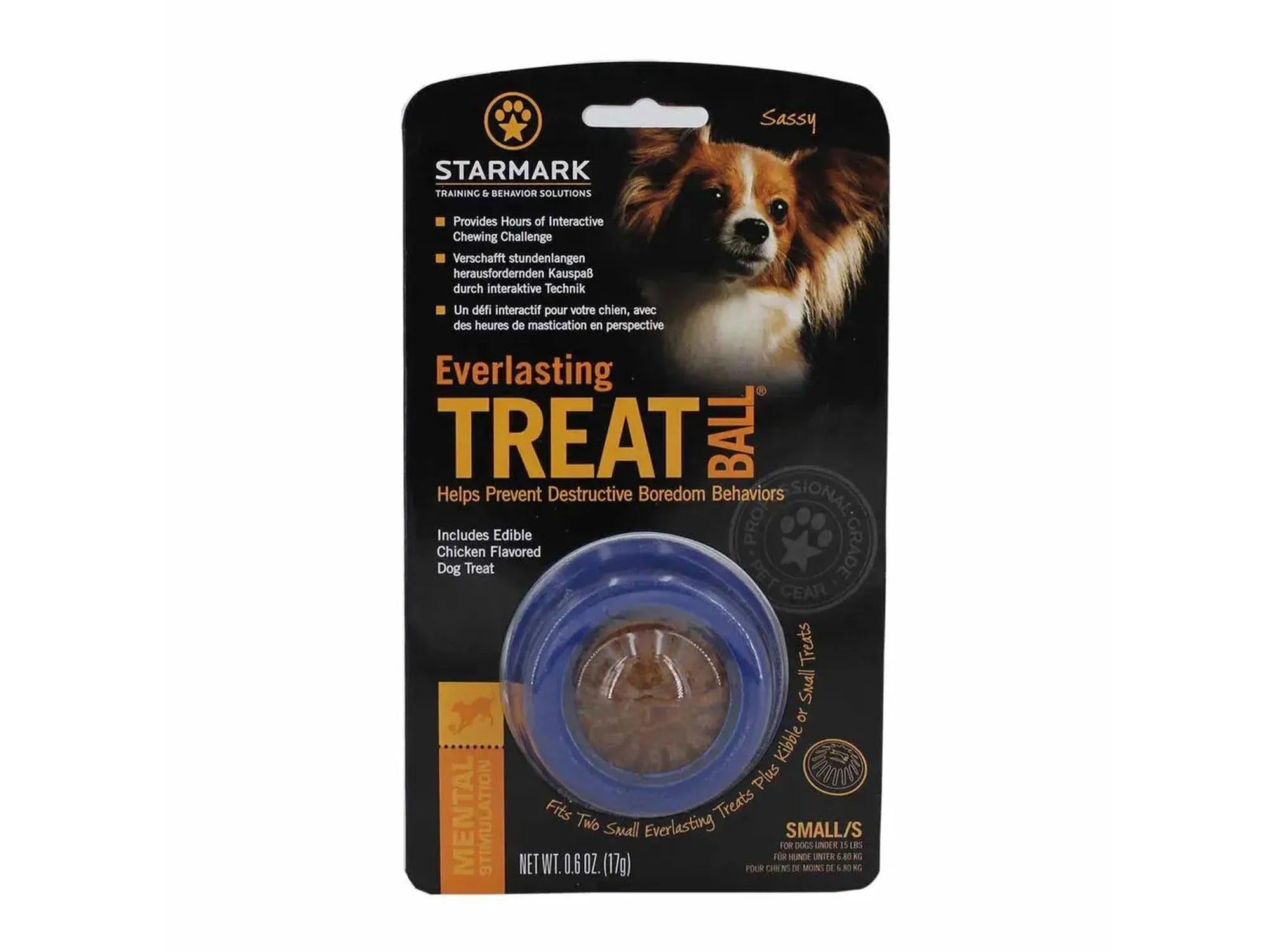 Starmark Everlasting Treat Ball, blå interaktiv hundeleke med kyllingsmak, størrelse Small.