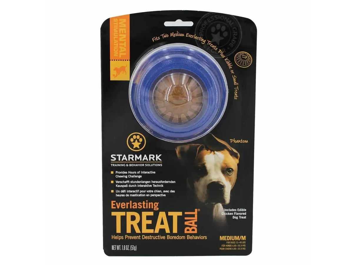 Starmark Everlasting Treat Ball, blå interaktiv hundeleke med godbit, medium størrelse.