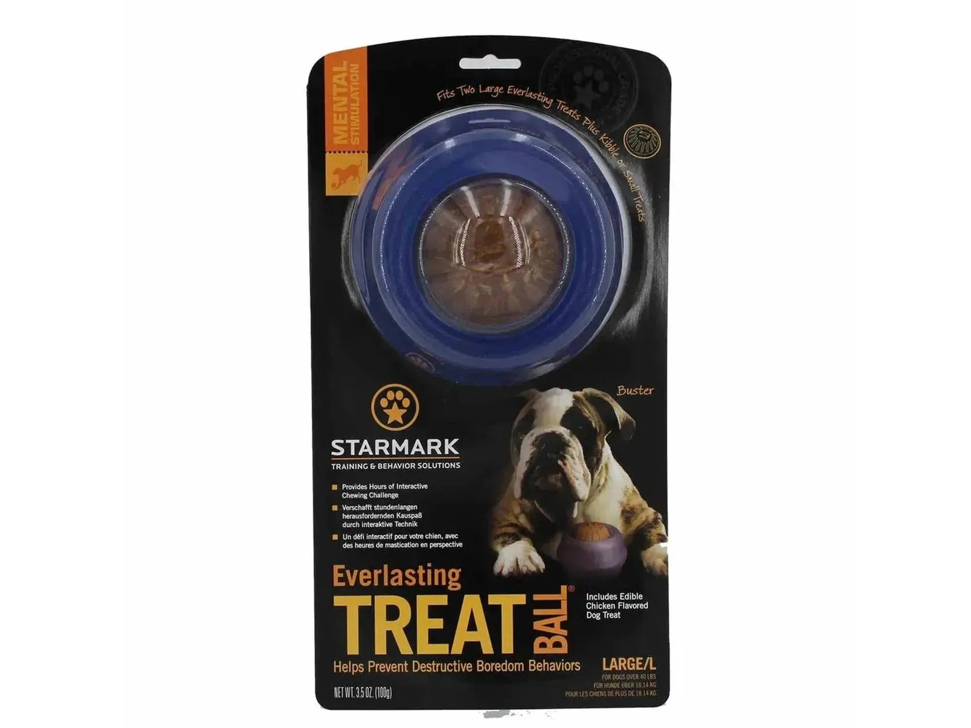 Starmark Everlasting Treat Ball, stor blå interaktiv hundeleke med brun godbit og bulldog på emballasjen.