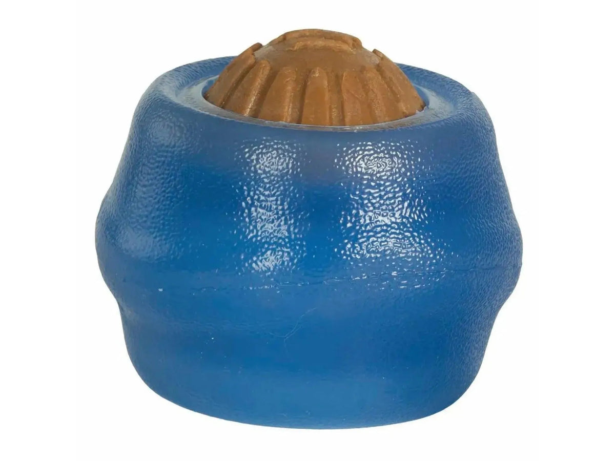 Starmark Everlasting Treat Ball, blå interaktiv hundeleke med brun godbit i slitesterkt materiale.