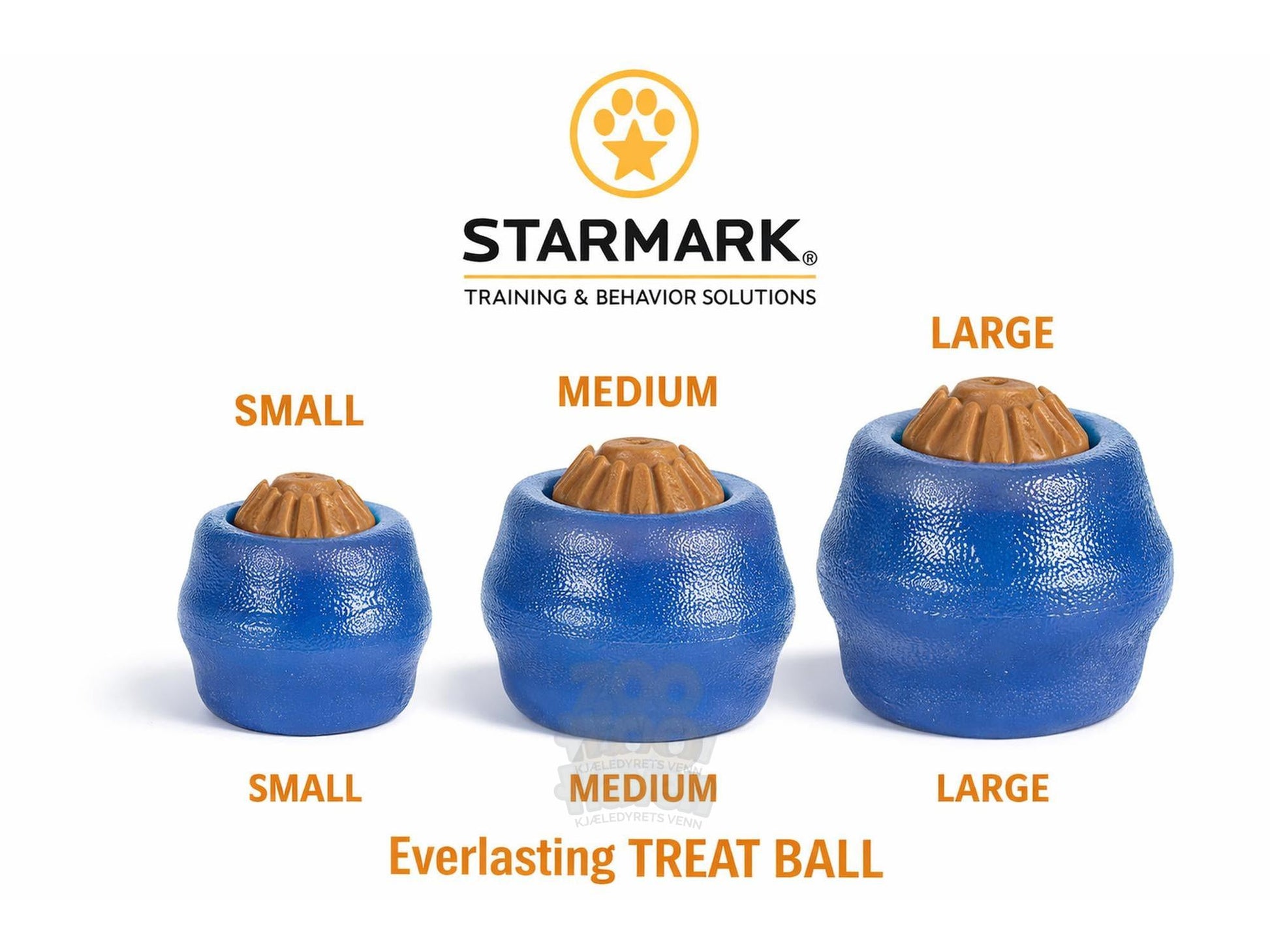 Tre blå Starmark Everlasting Treat Ball hundeleker i størrelsene small, medium og large, med brun godbit inni.