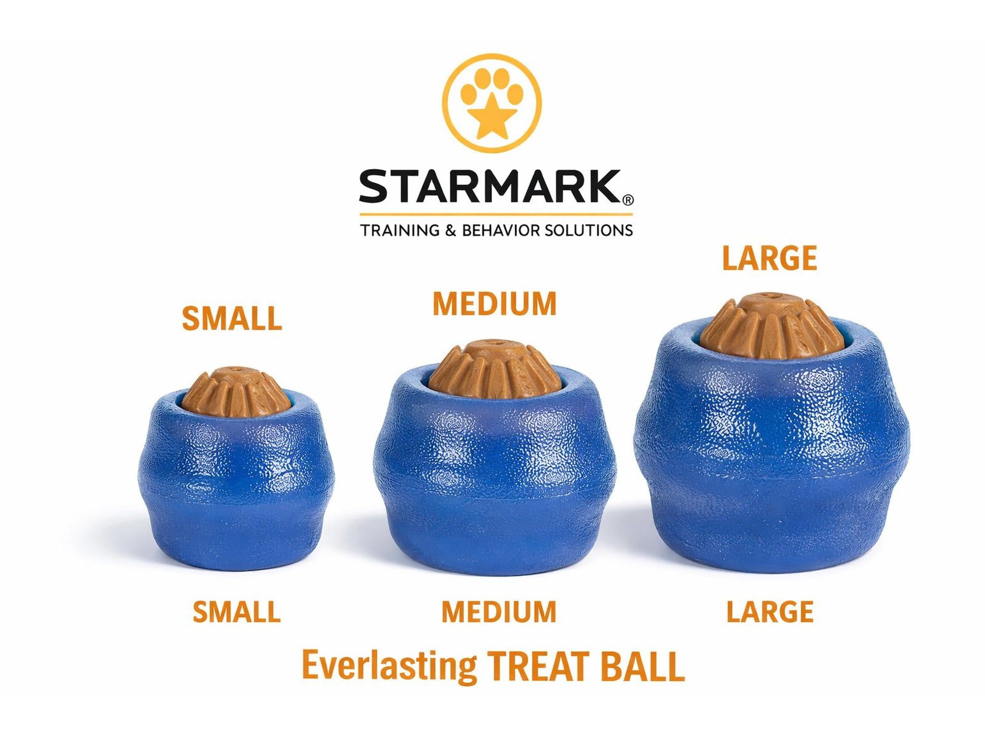 Tre blå Starmark Everlasting Treat Ball hundeleker i størrelsene small, medium og large, med brun godbit inni.