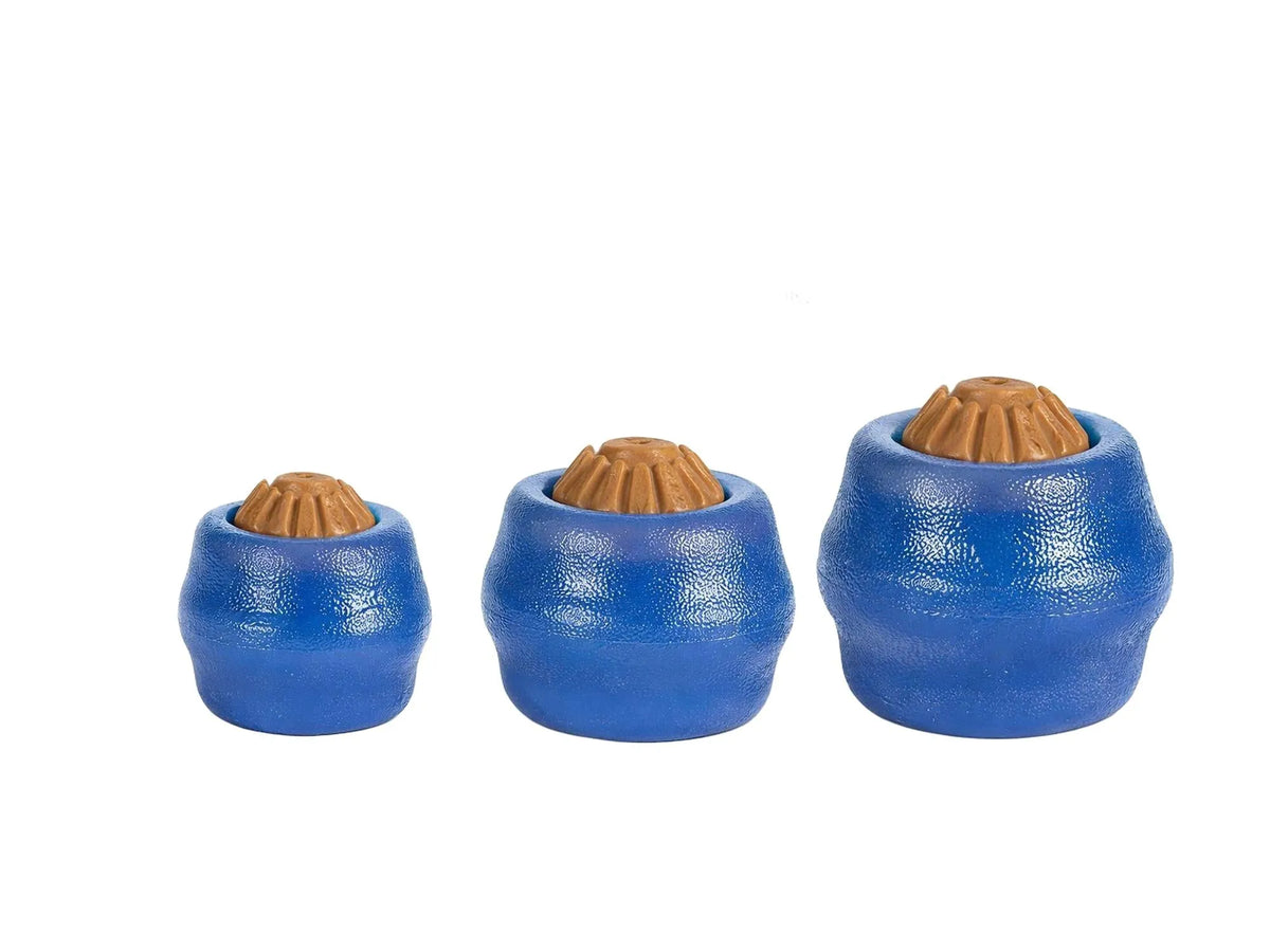 Tre blå Starmark Everlasting Treat Ball hundeleker i størrelsene small, medium og large, med brun godbit inni.