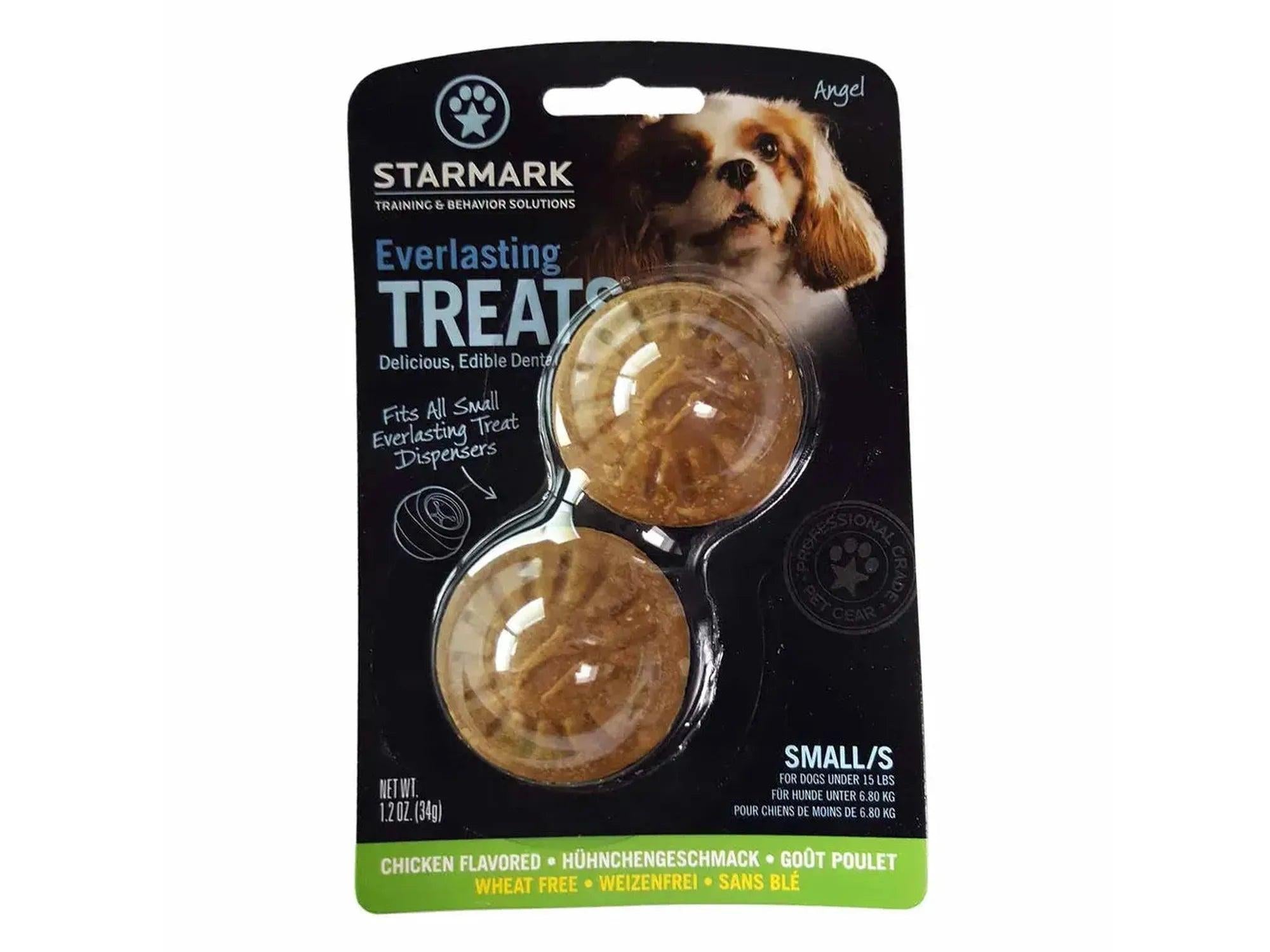 Starmark Everlasting Treat Refill i kyllingsmak, to små, runde, lysebrune tyggegodbiter i svart emballasje.