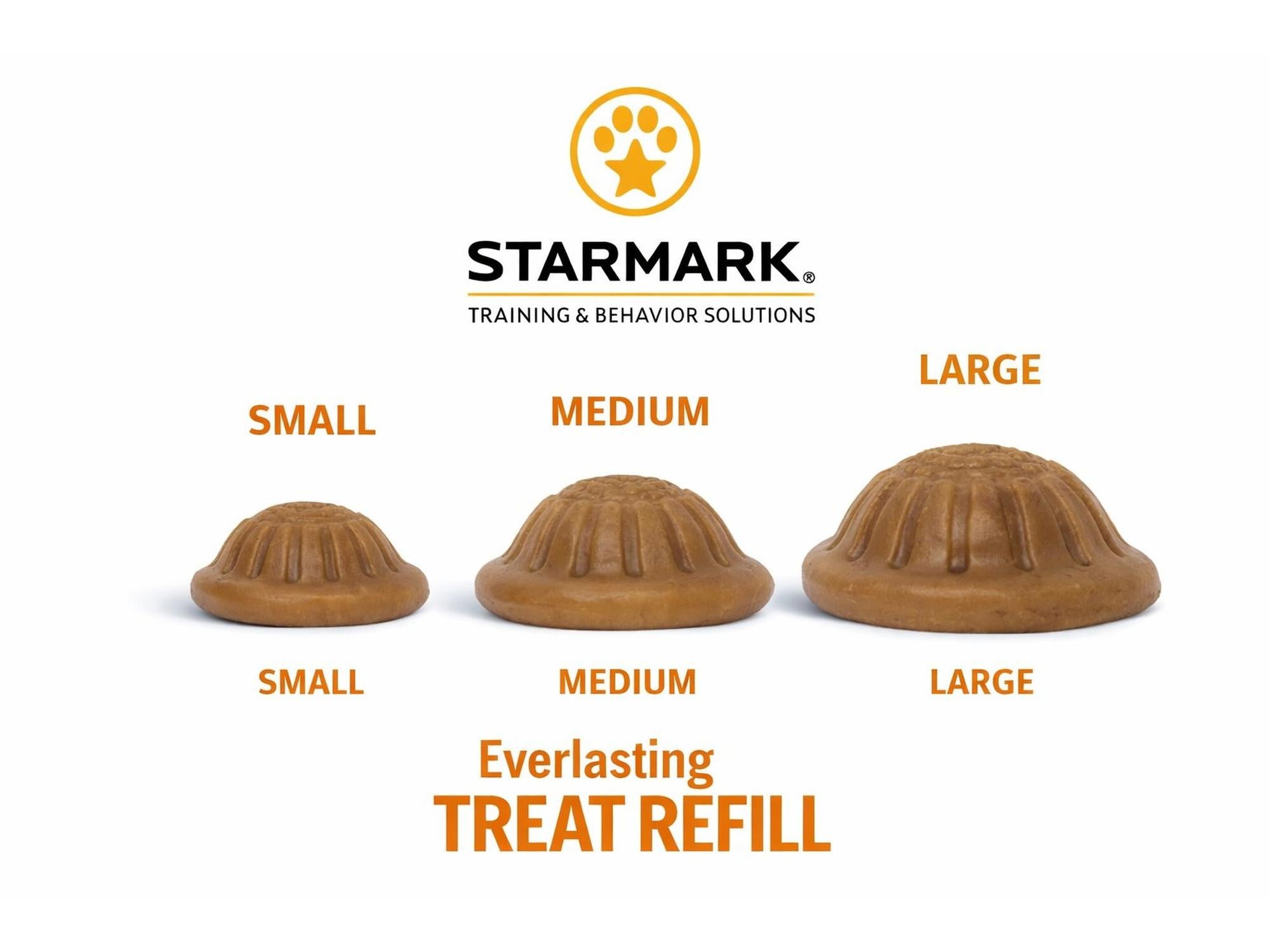 Tre Starmark Everlasting Treat Refill i kyllingsmak, brunfargede, i størrelsene small, medium og large.