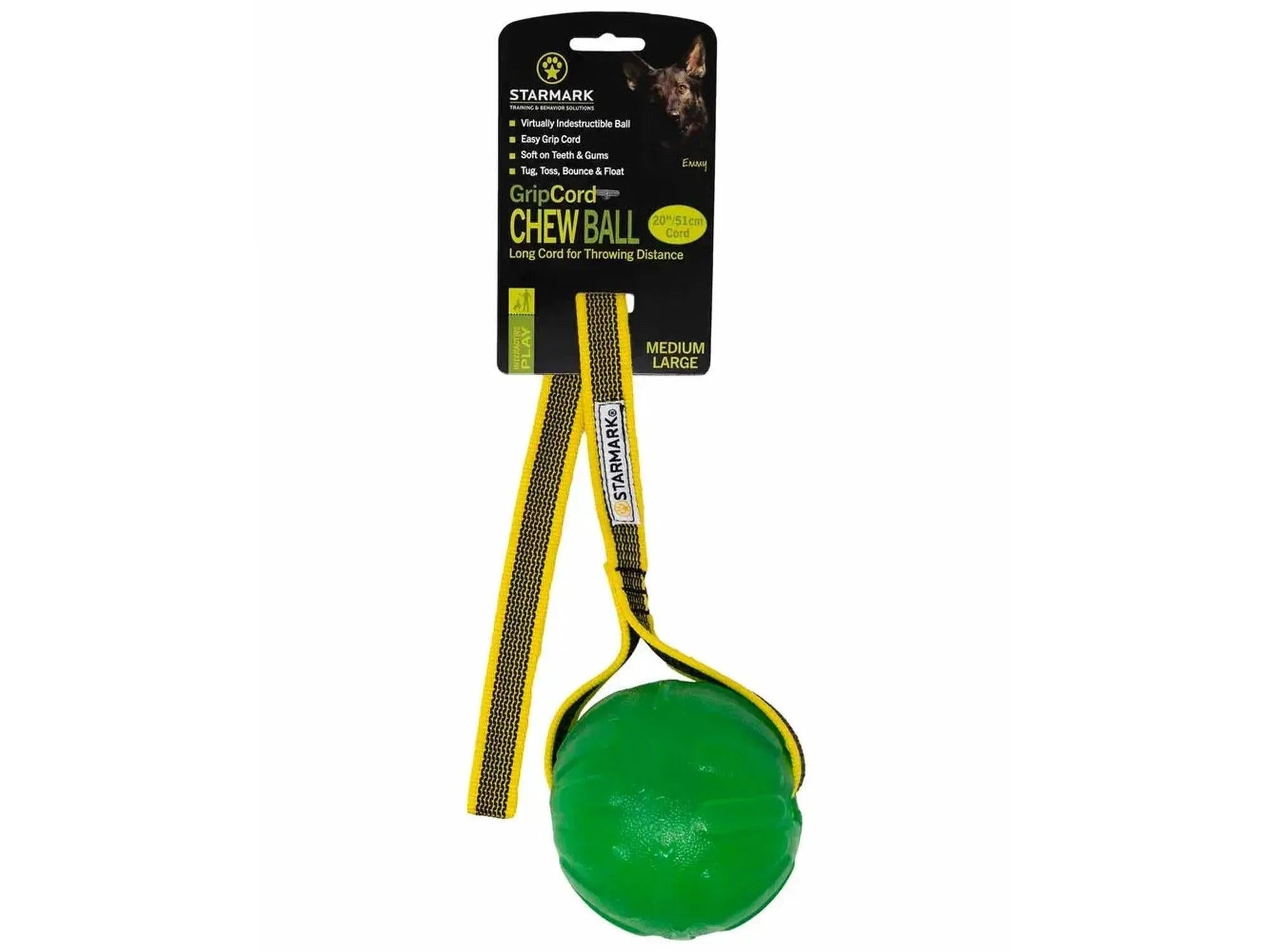 Starmark GripCord Chew Ball Long, grønn slitesterk hundeball med gult tauhåndtak, Medium/Large.
