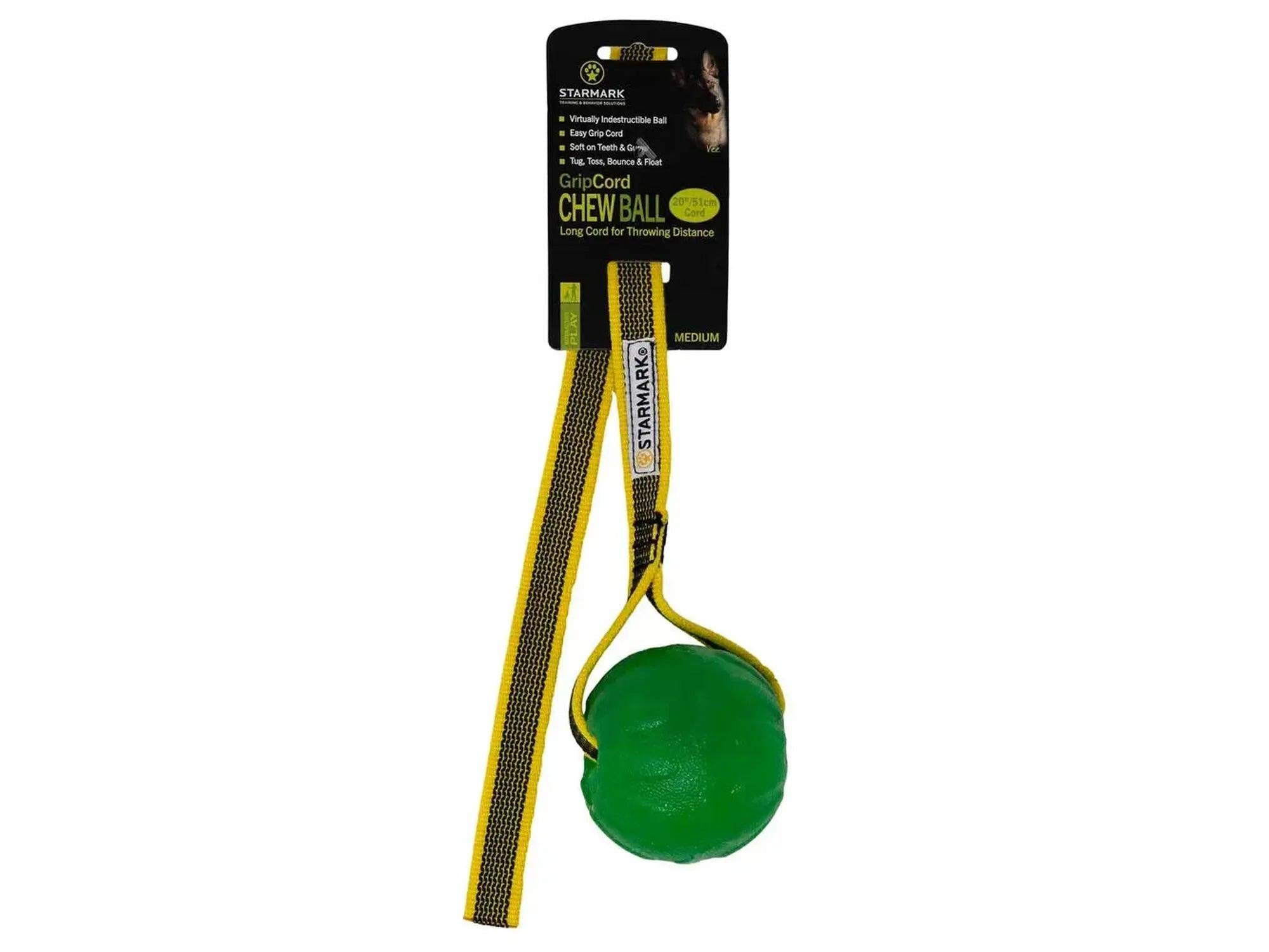 Starmark GripCord Chew Ball Long, grønn slitesterk hundeball med gult og svart tauhåndtak, medium.