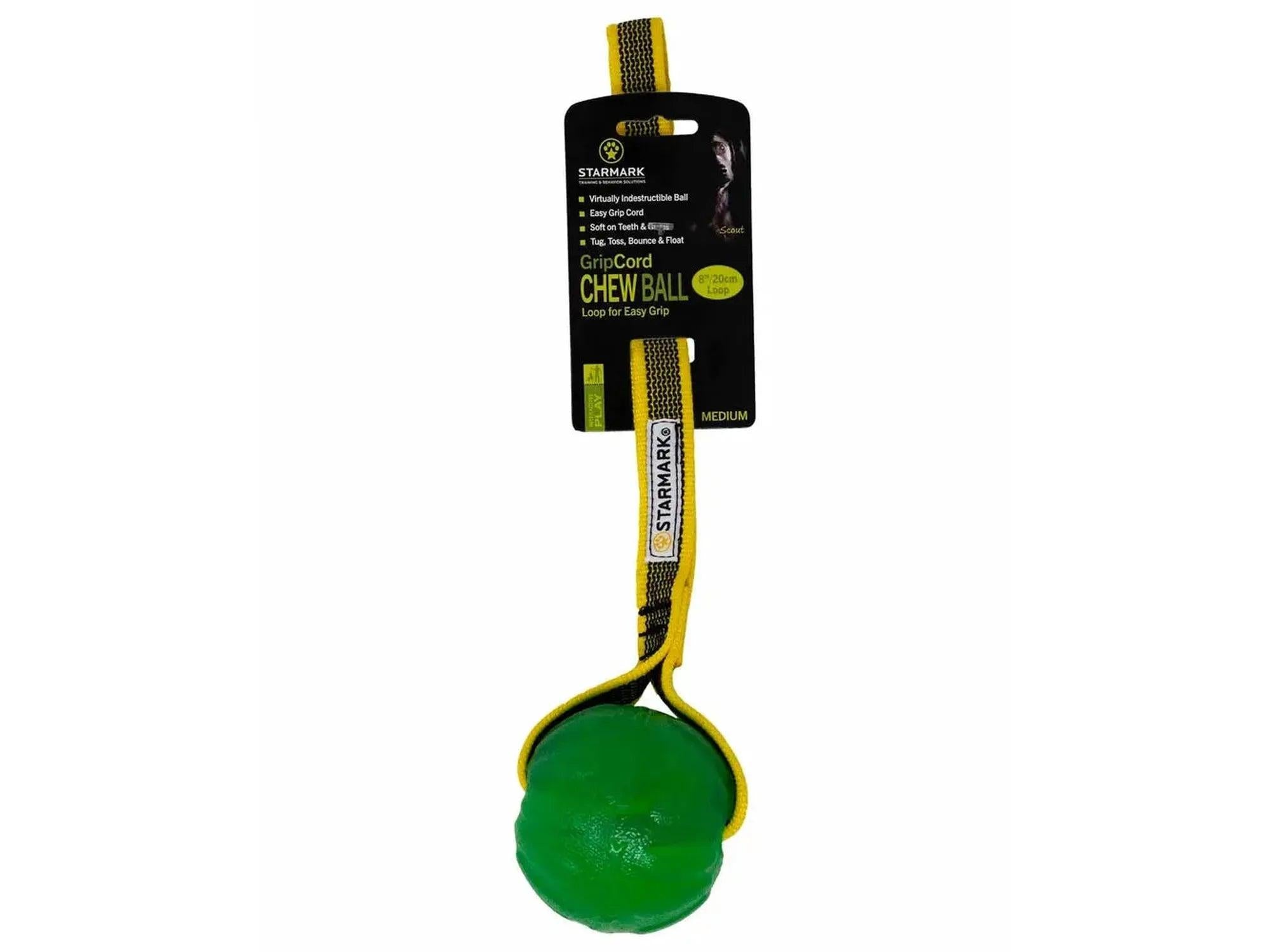 Grønn Starmark GripCord Chew Ball Loop hundeleke med gul og svart snor og løkkehåndtak.