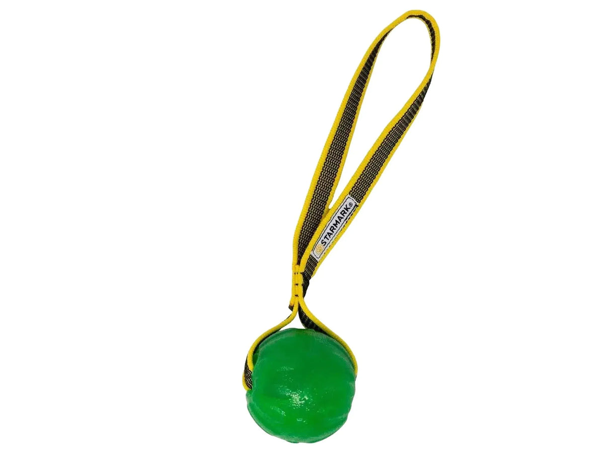 Grønn Starmark GripCord Chew Ball Loop hundeleke med gul og svart løkkehåndtak.
