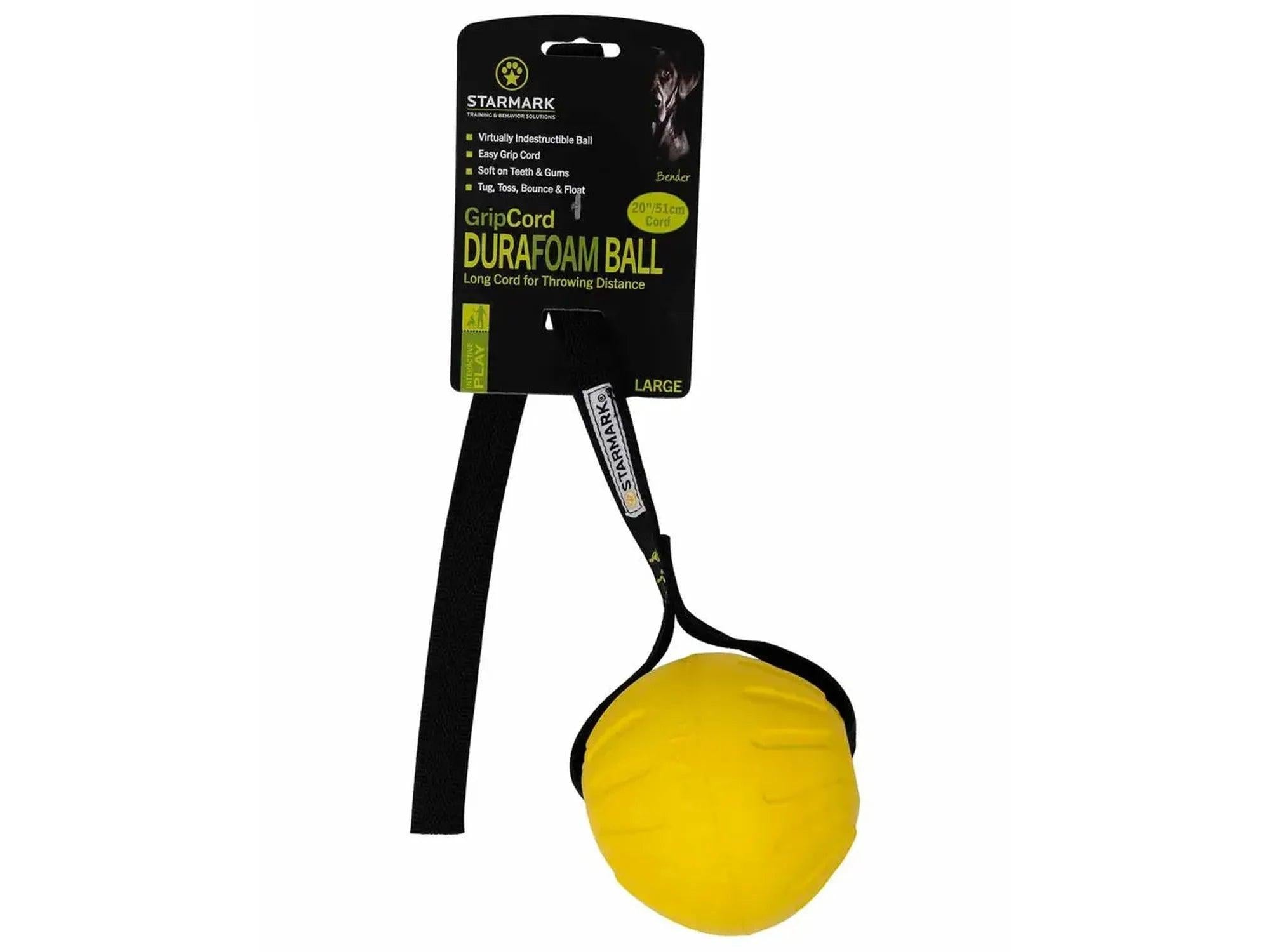 Starmark GripCord DuraFoam Ball Long, gul skumball med svart gummibelagt tau for apport.