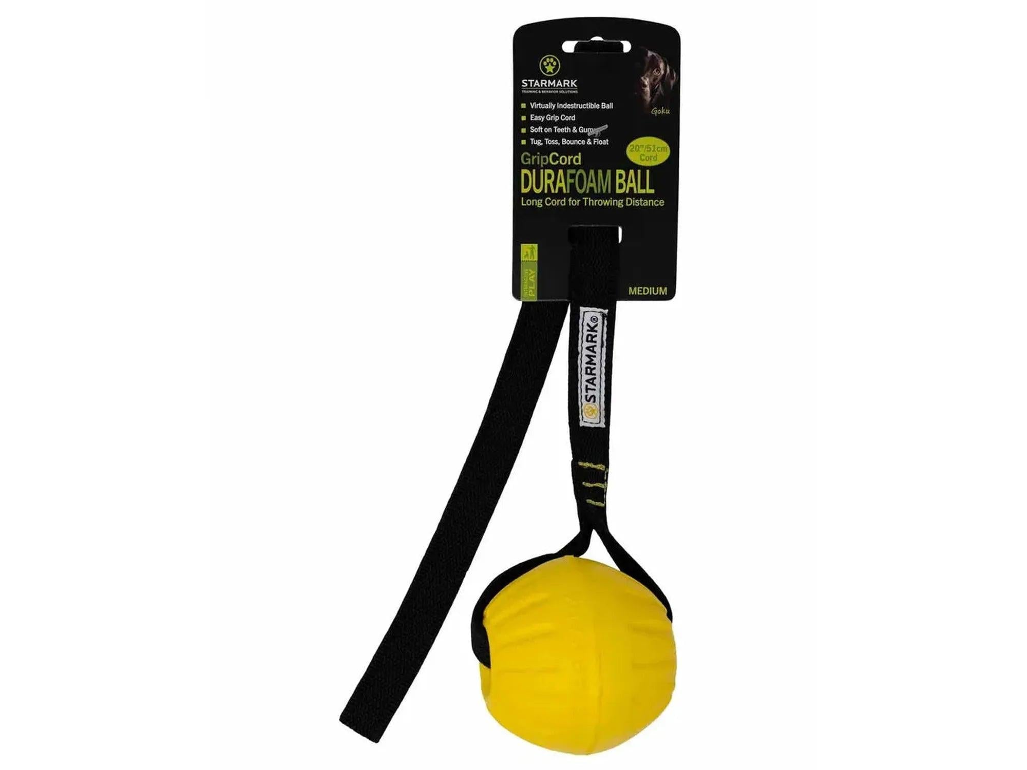 Gul Starmark GripCord DuraFoam ball med svart gummibelagt tau for apport og drakamp, størrelse medium.