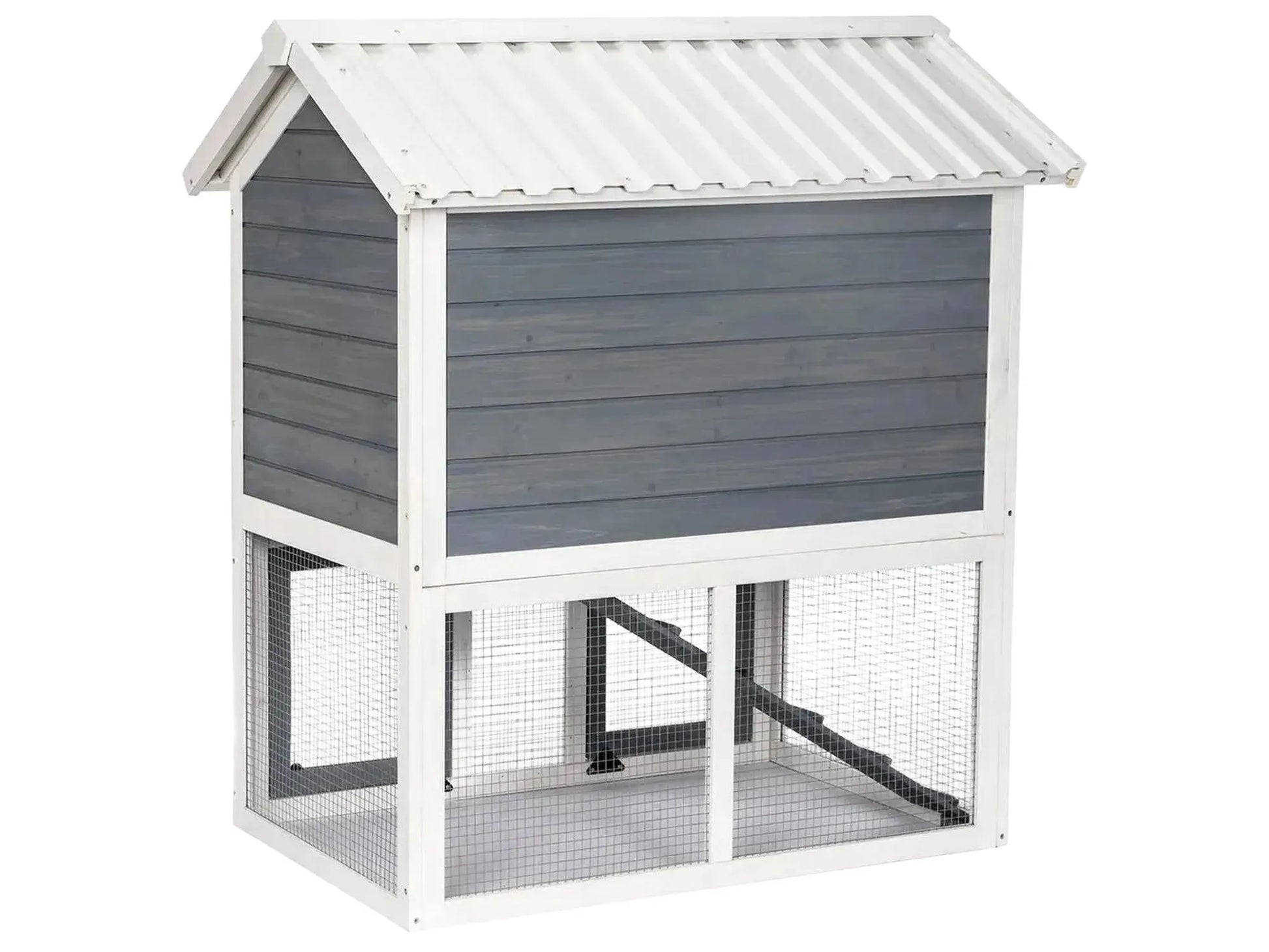 Grå/hvit 2-etasjes kaninbur i tre med hvitt PVC-tak og nettingbunn, 111x70,5x114,8 cm.
