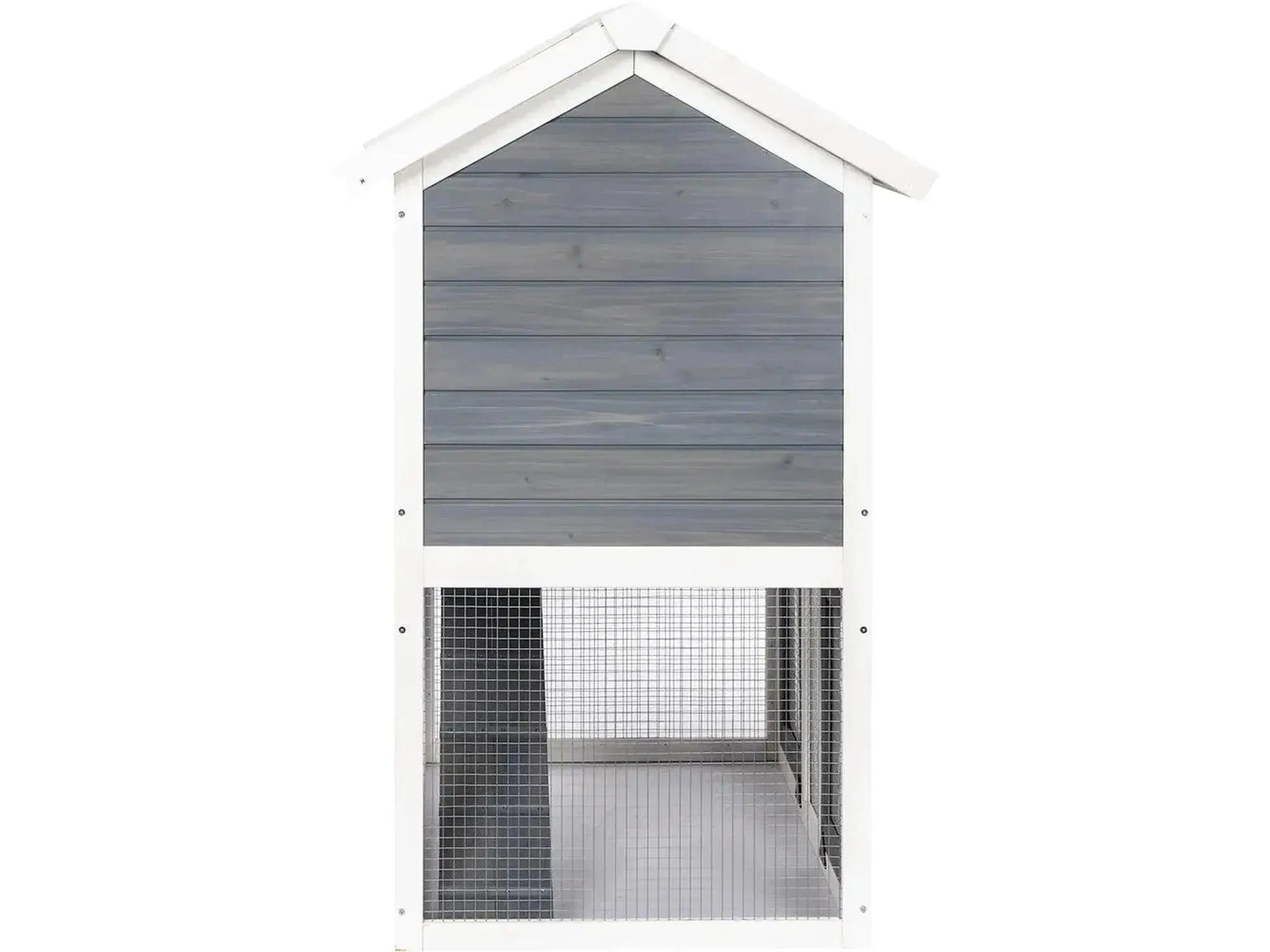 Grå/hvit 2-etasjes kaninbur i tre med netting og skråtak, 111x70,5x114,8 cm.