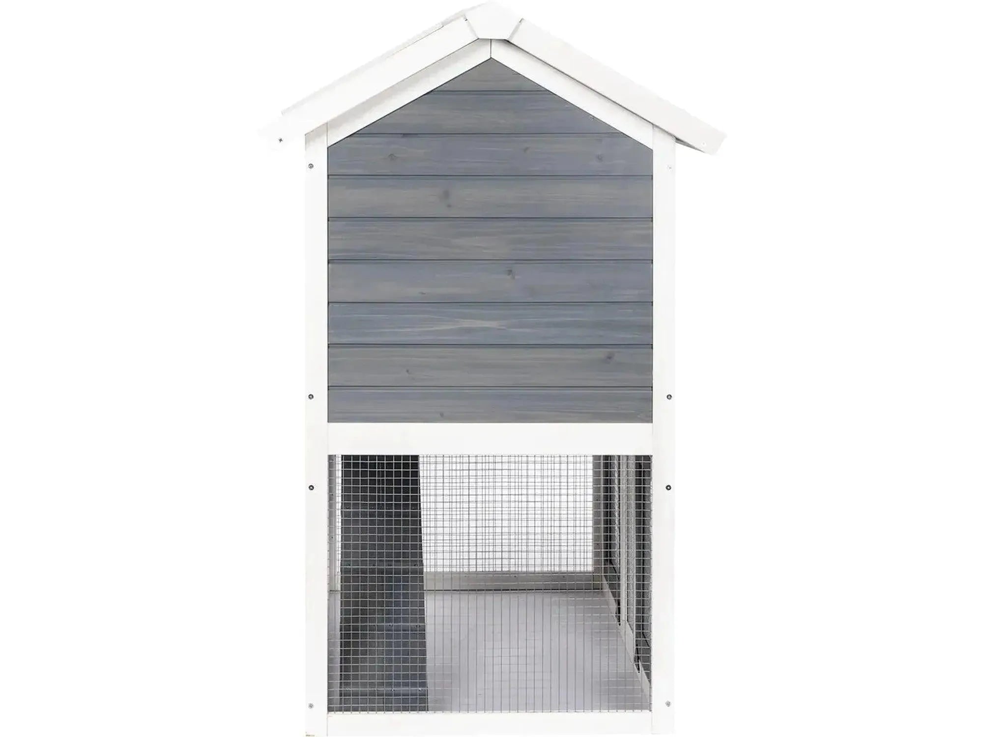Grå/hvit 2-etasjes kaninbur i tre med netting og skråtak, 111x70,5x114,8 cm.