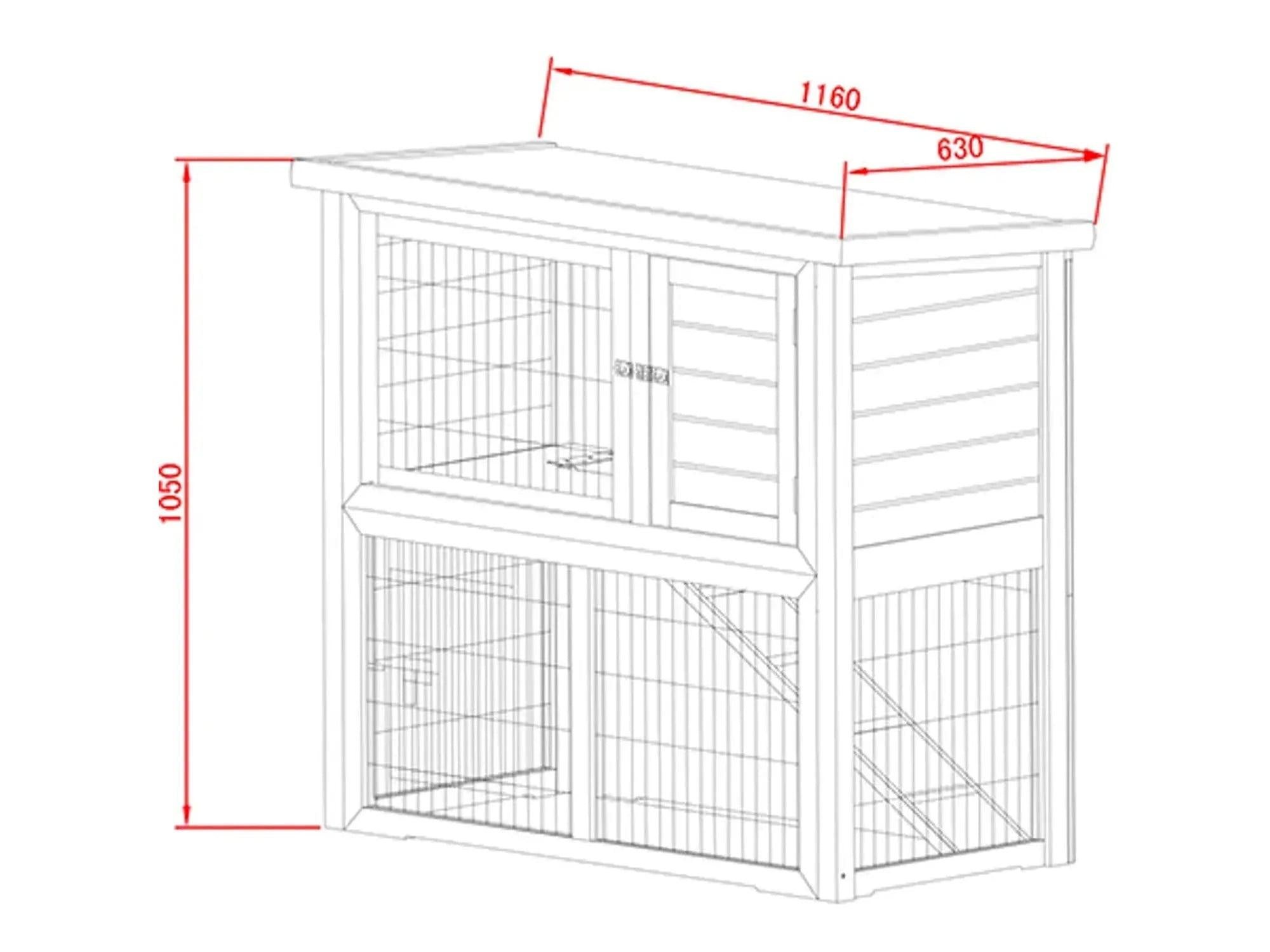 SunnyPet Ferie XL 2-etasjers kaninbur i tre med rampe og dimensjoner 116x63x109,5 cm.