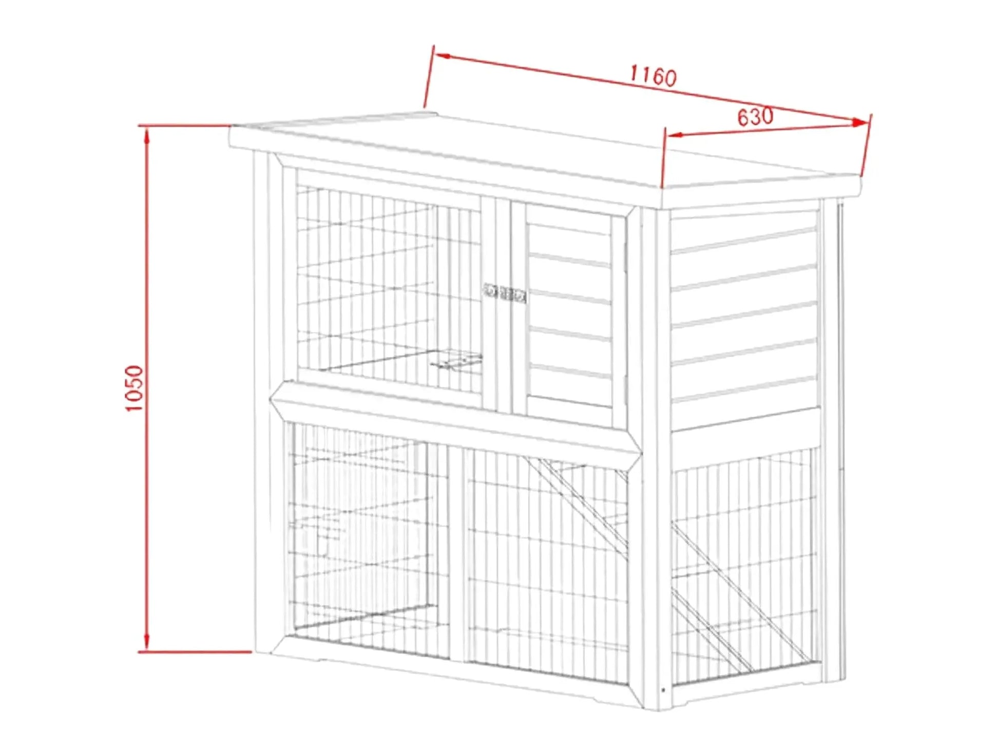 SunnyPet Ferie XL 2-etasjers kaninbur i tre med rampe og dimensjoner 116x63x109,5 cm.