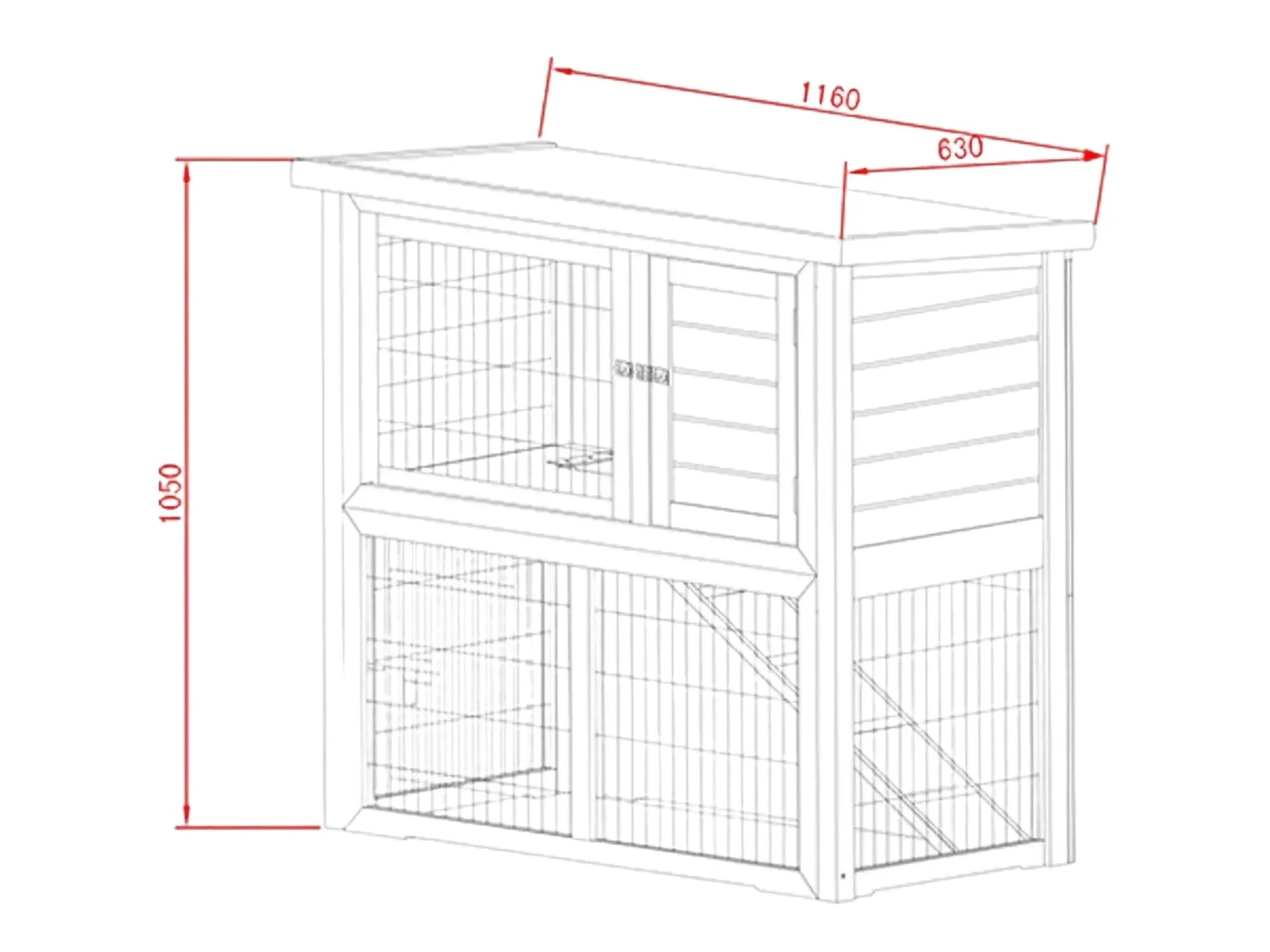 SunnyPet Ferie XL 2-etasjers kaninbur i tre med rampe og dimensjoner 116x63x109,5 cm.
