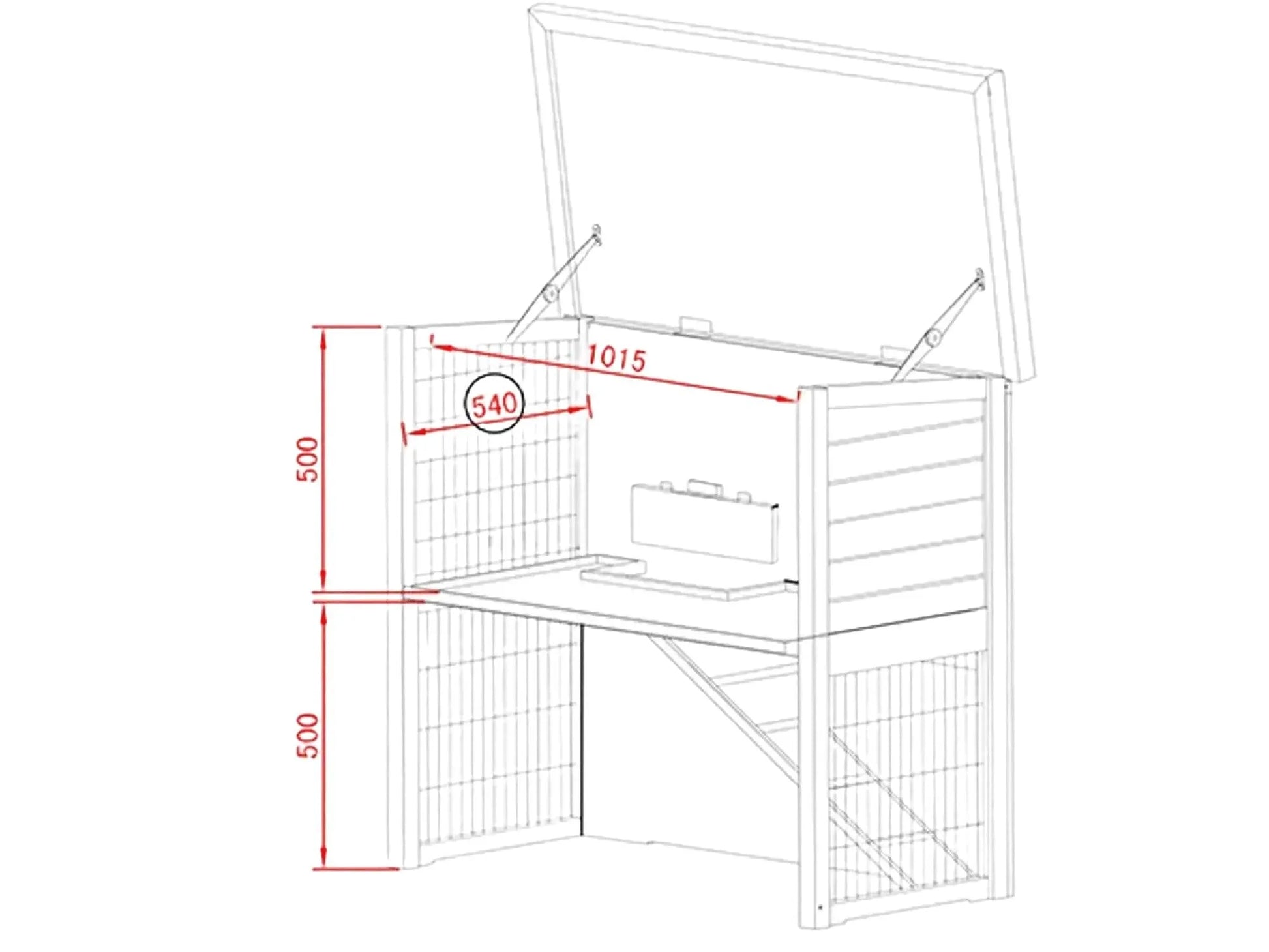 Teknisk tegning av SunnyPet Ferie XL kaninbur, 2-etasjer med rampe, mål 116x63x109,5 cm.