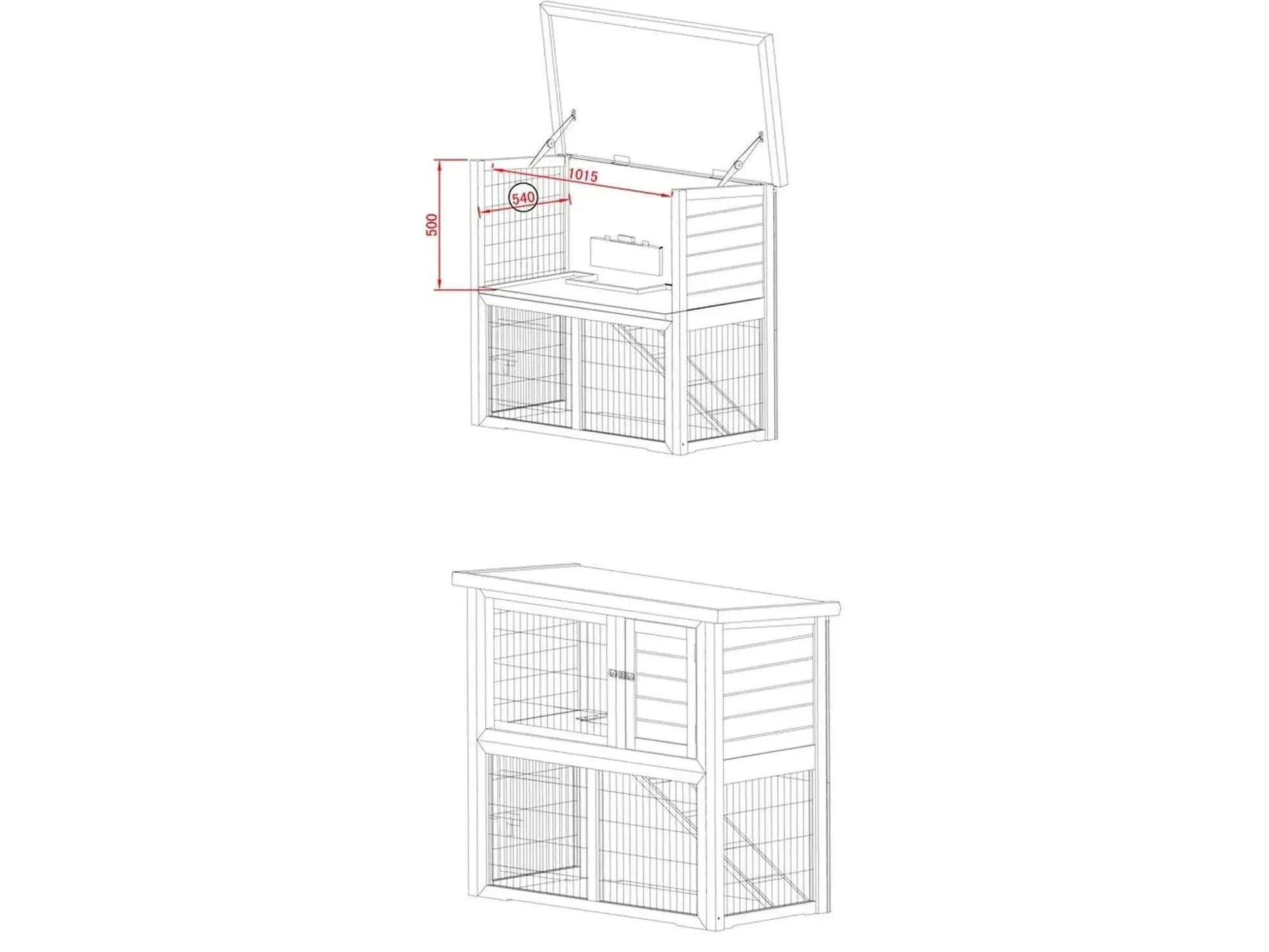 SunnyPet Ferie XL 2-etasjers kaninbur i tre med rampe, åpent tak og nettingfronter.
