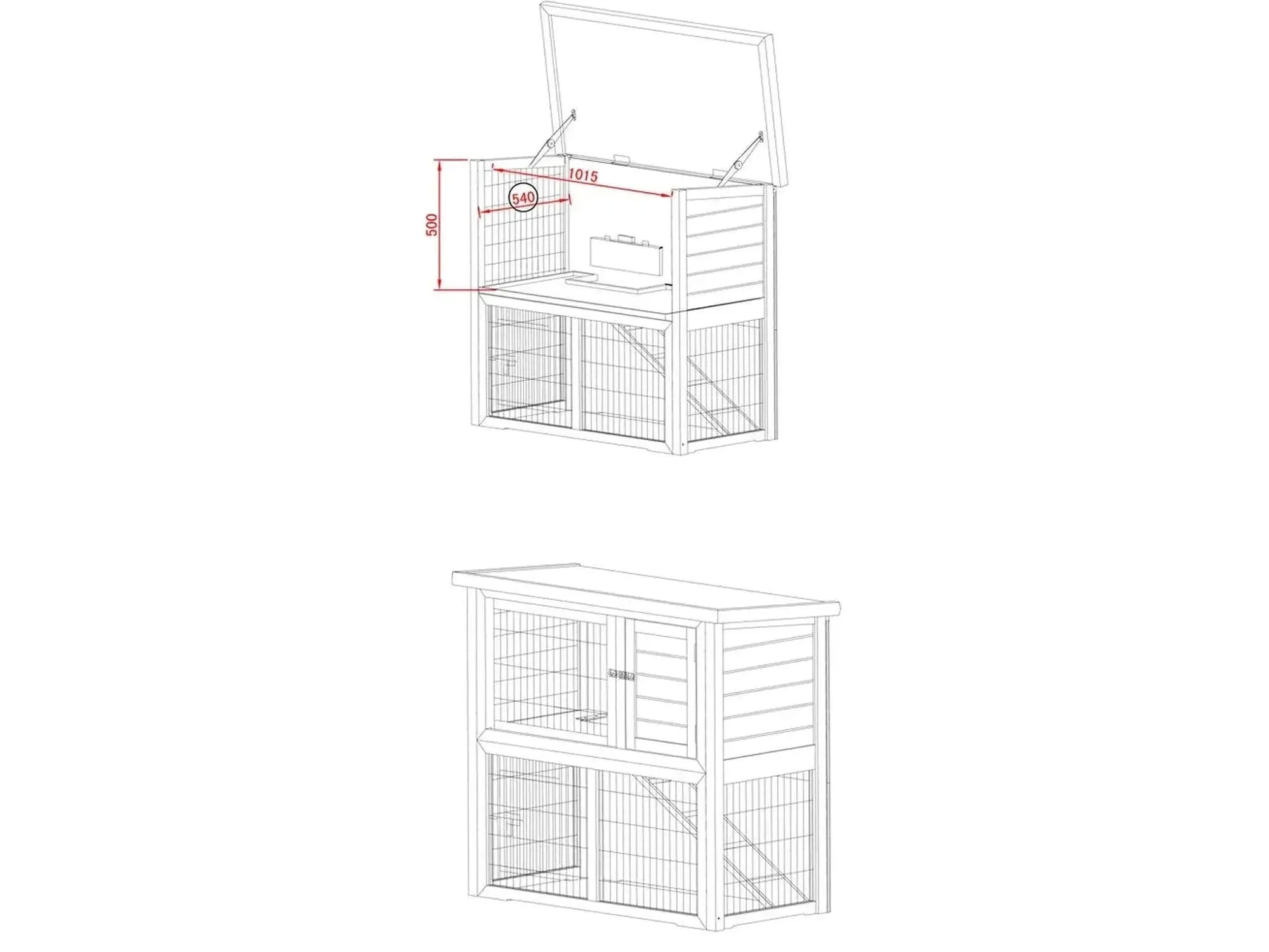 SunnyPet Ferie XL 2-etasjers kaninbur i tre med rampe, åpent tak og nettingfronter.