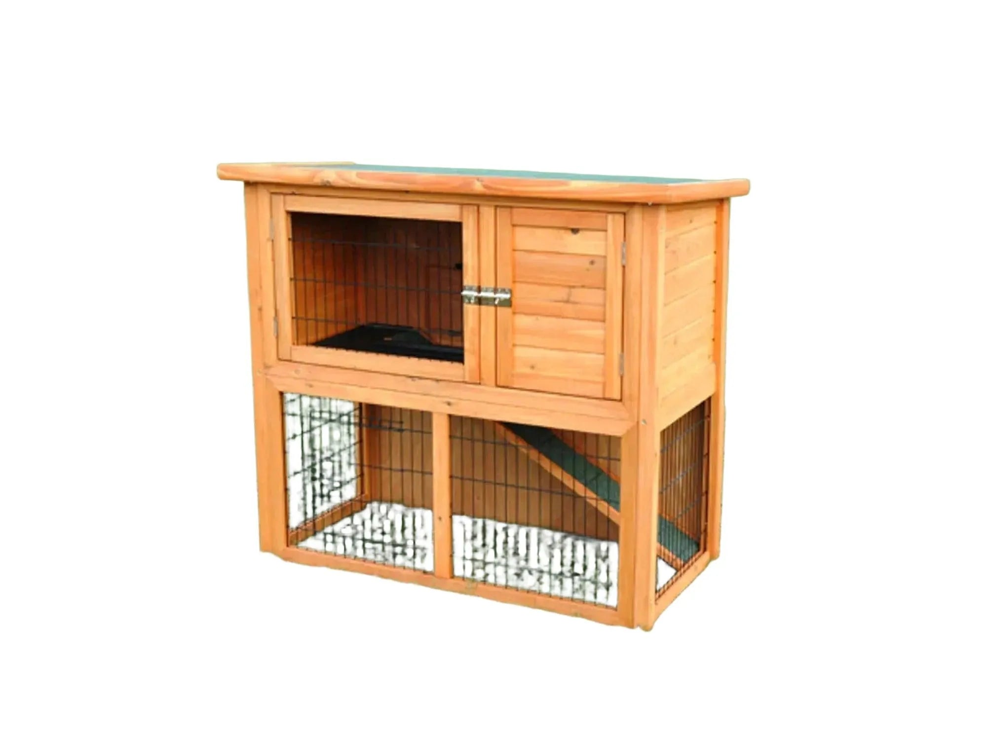 SunnyPet Ferie XL 2-etasjers kaninbur i lyst tre med grønt tak, rampe og netting.