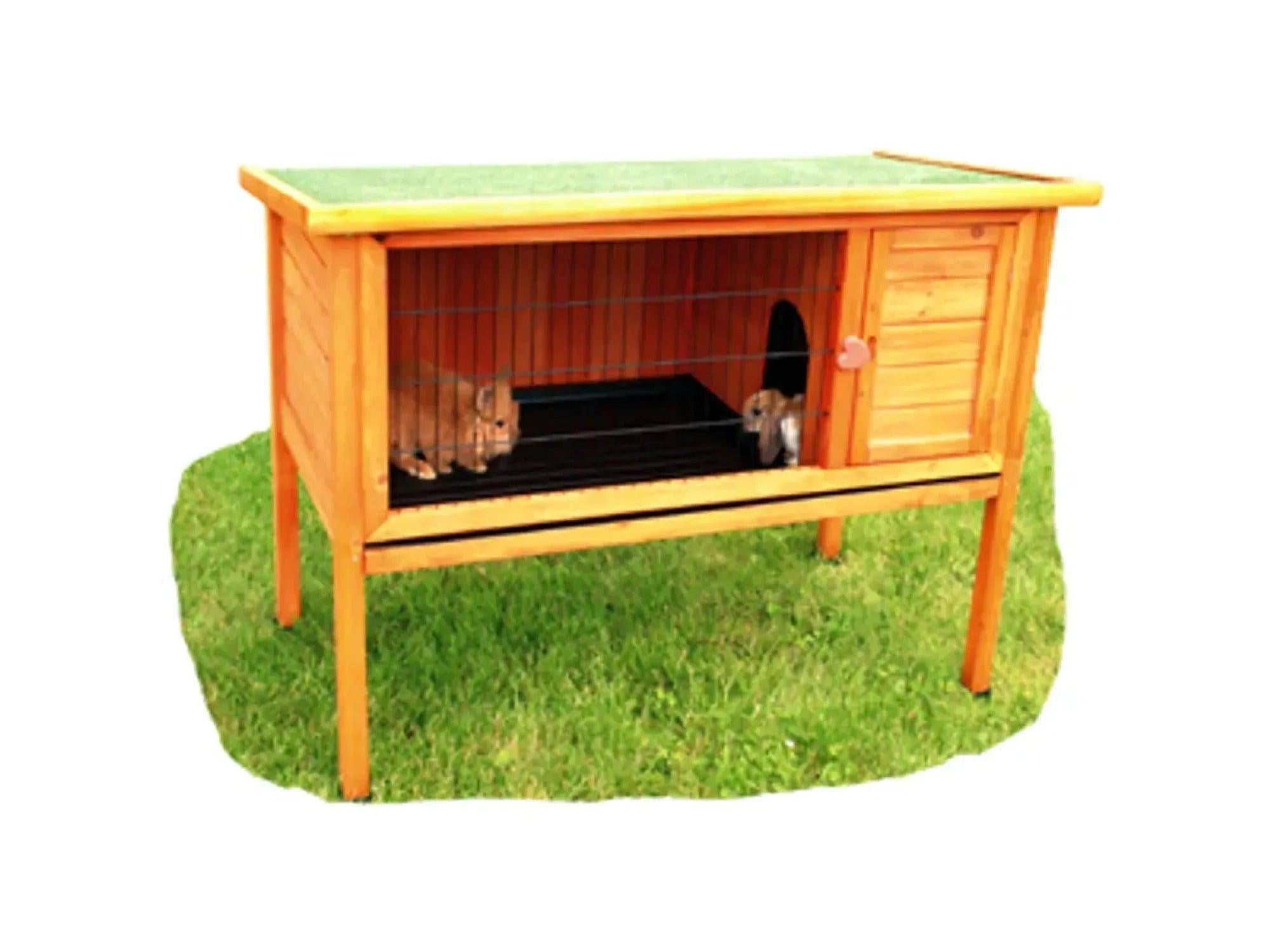SunnyPet Ferie XL kaninbur i tre med grønt tak, opphøyd på ben, med sovehus og gitterdel.