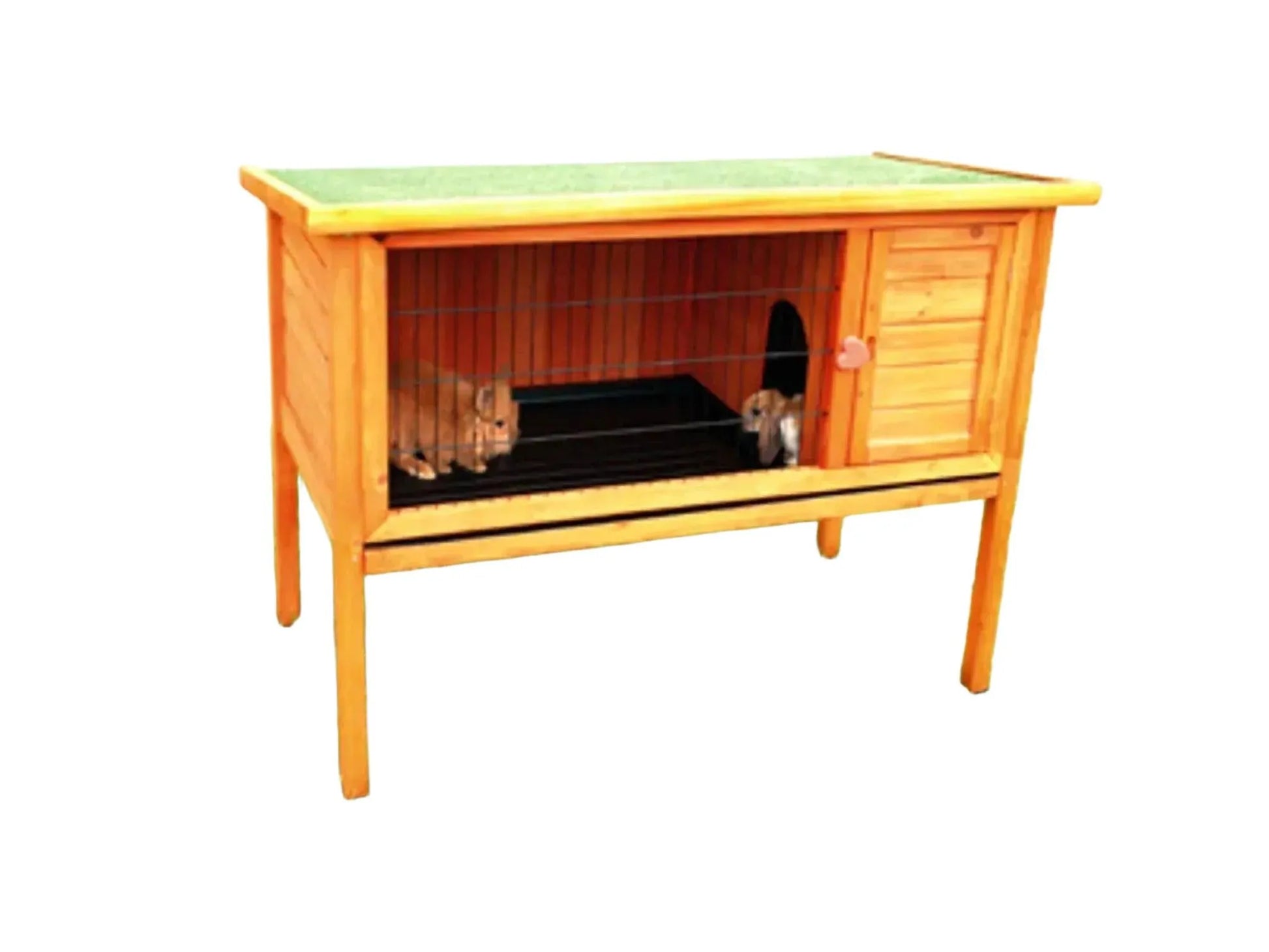 SunnyPet Ferie XL kaninbur i tre med grønt tak, opphøyd på ben, med sovehus og gitterdel.